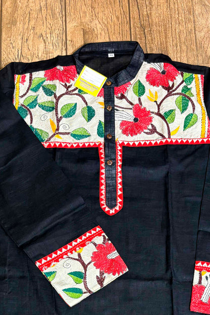 Black Color Cotton and Multicolor Kantha Patch Work Panjabi