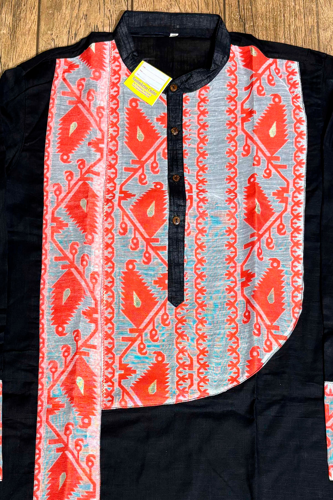 Black Color Cotton and Orange Color Jamdani Patch Work Panjabi