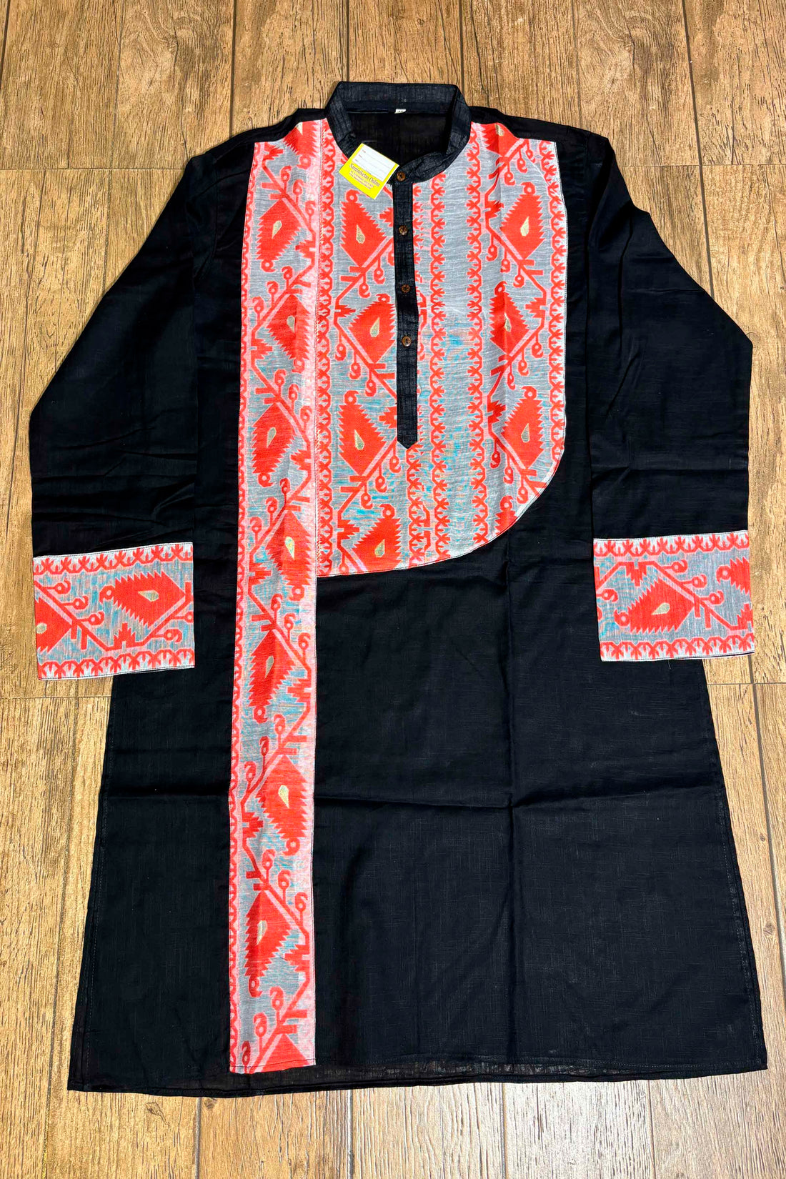 Black Color Cotton and Orange Color Jamdani Patch Work Panjabi