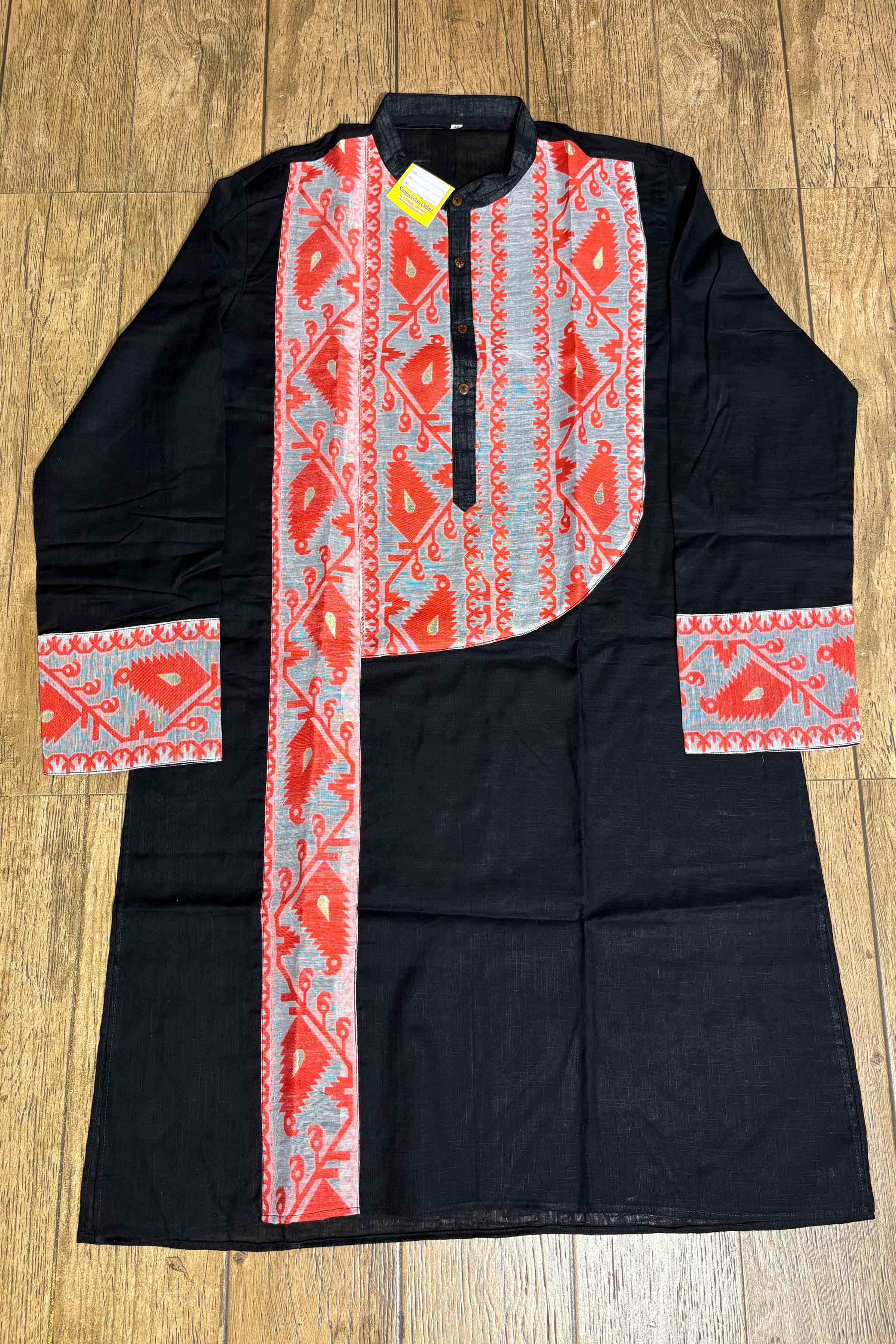 Black Color Cotton and Orange Color Jamdani Patch Work Panjabi