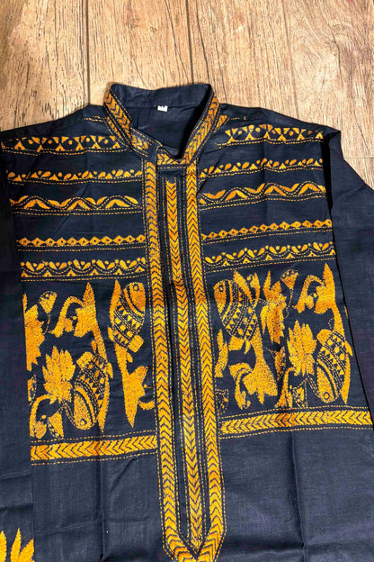 Black Color Cotton and Yellow color Thread Work Kantha Panjabi