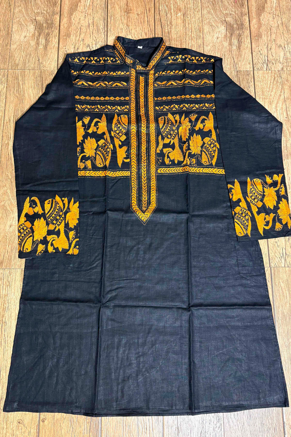 Black Color Cotton and Yellow color Thread Work Kantha Panjabi