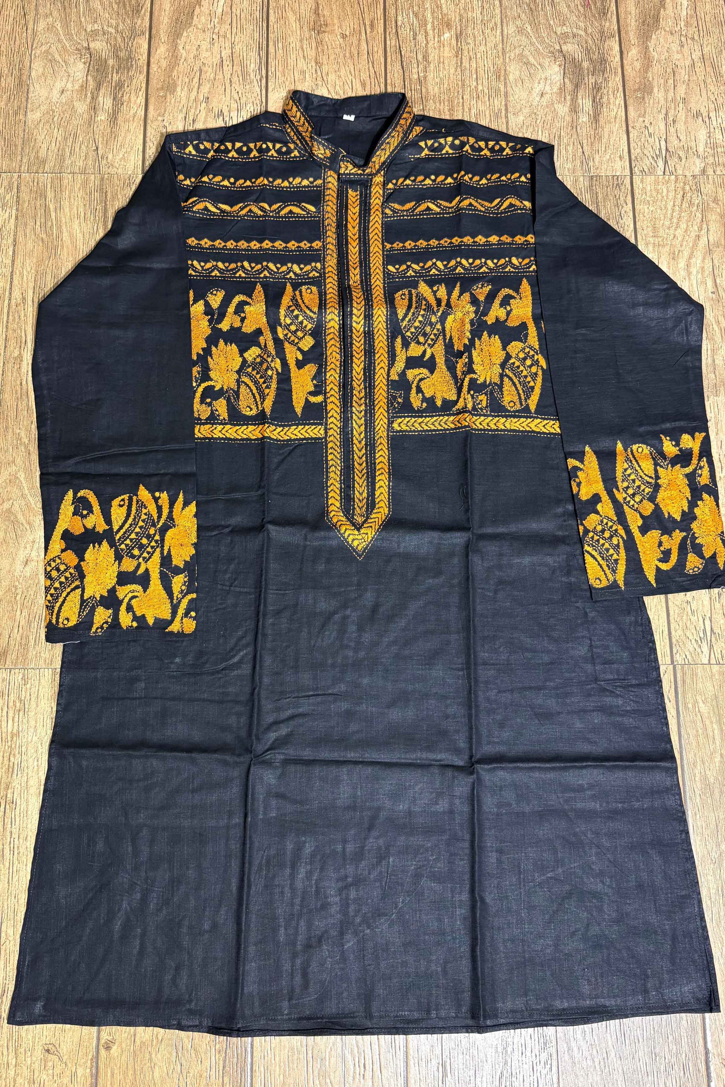 Black Color Cotton and Yellow color Thread Work Kantha Panjabi