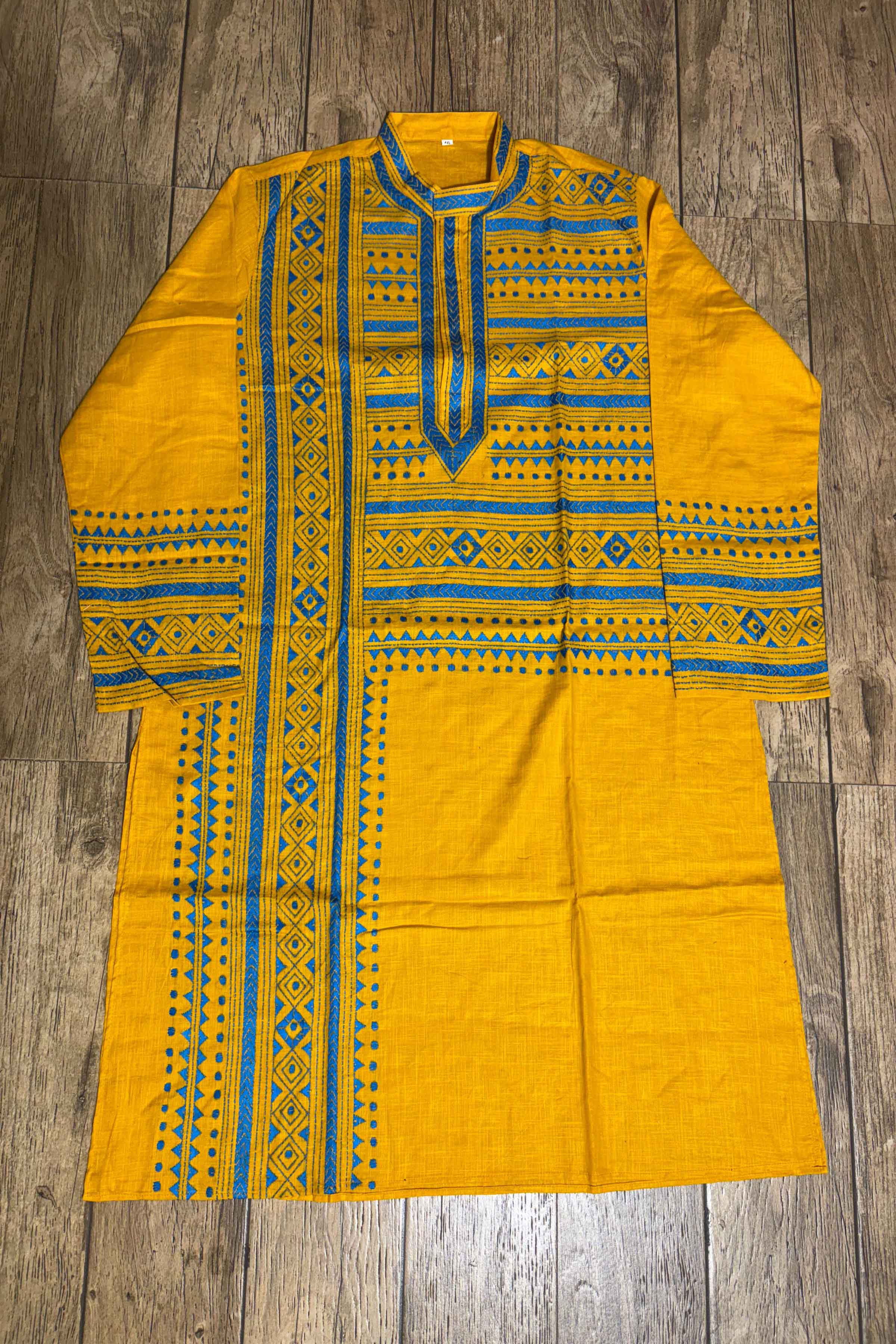Yellow Color Cotton and Green color Thread Work Kantha Panjabi