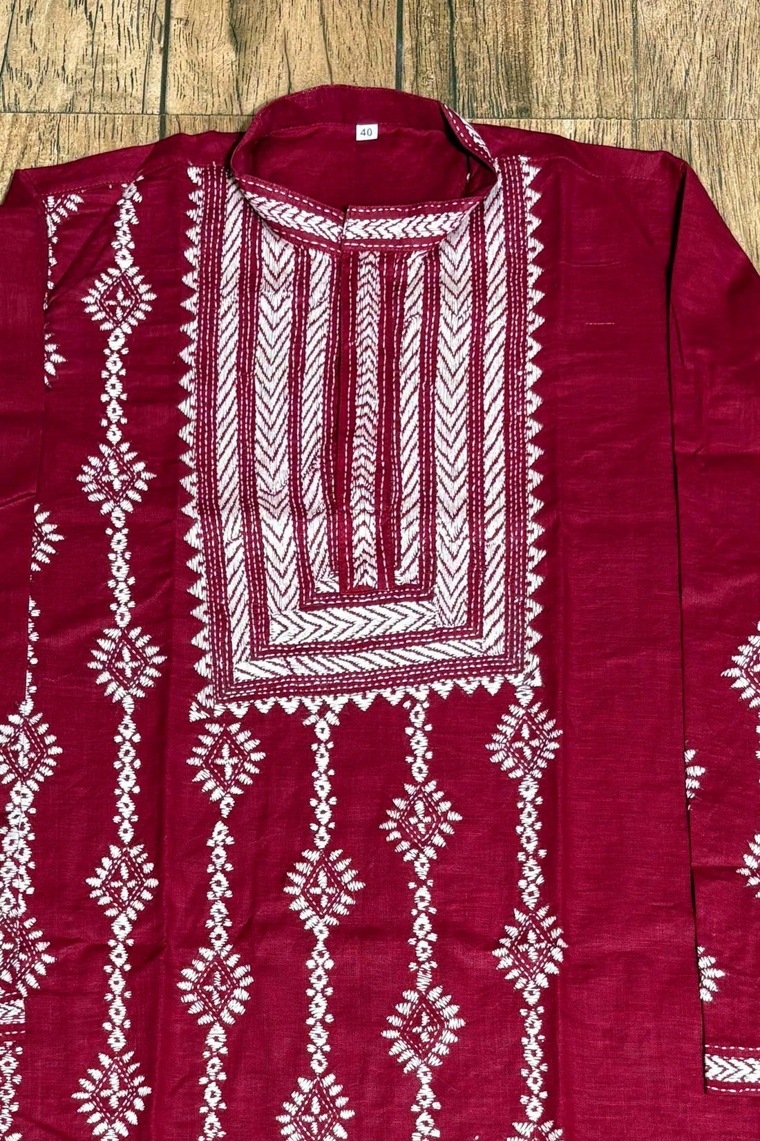 Maroon Color Cotton and White color Thread Work Kantha Panjabi