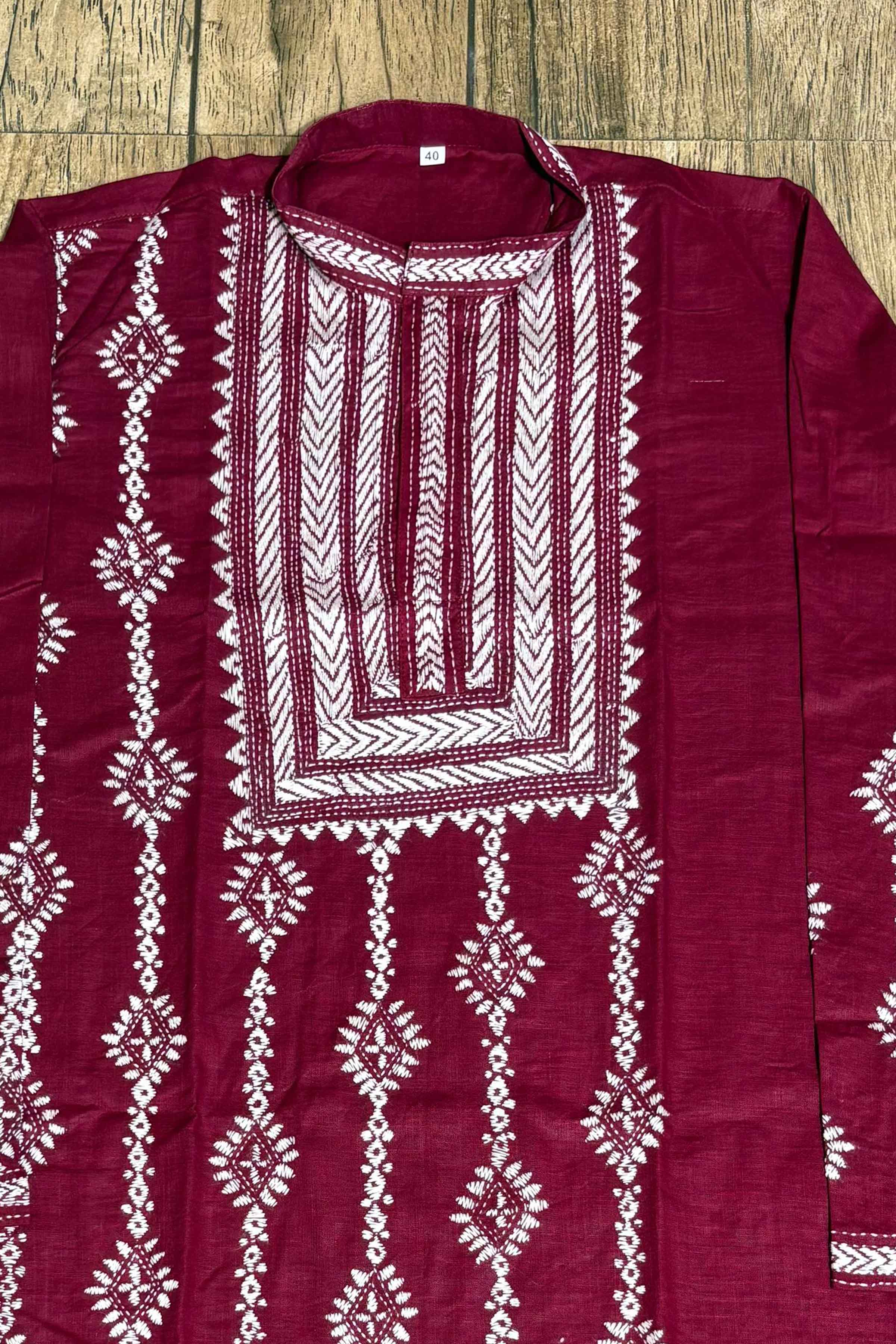 Maroon Color Cotton and White color Thread Work Kantha Panjabi