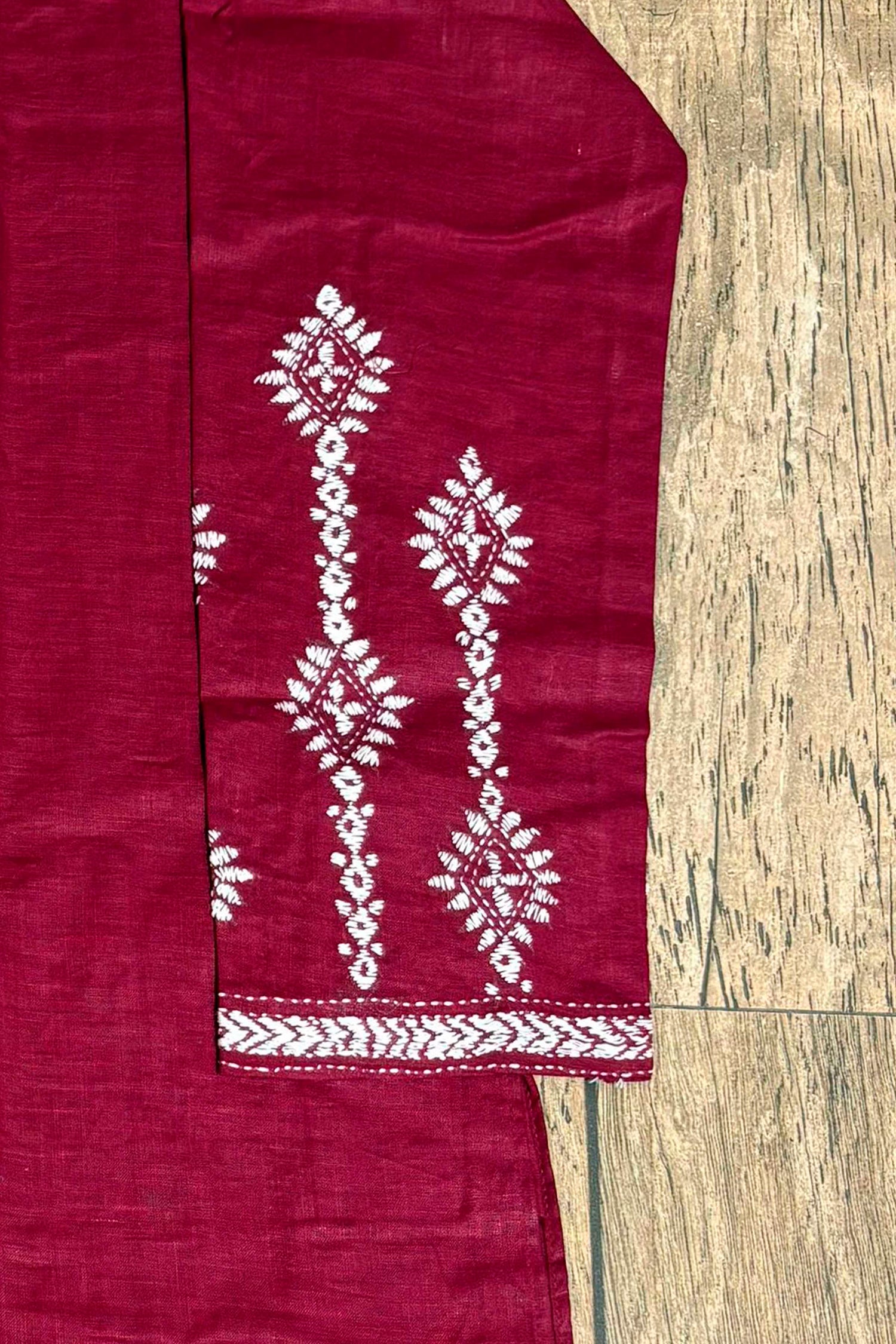 Maroon Color Cotton and White color Thread Work Kantha Panjabi