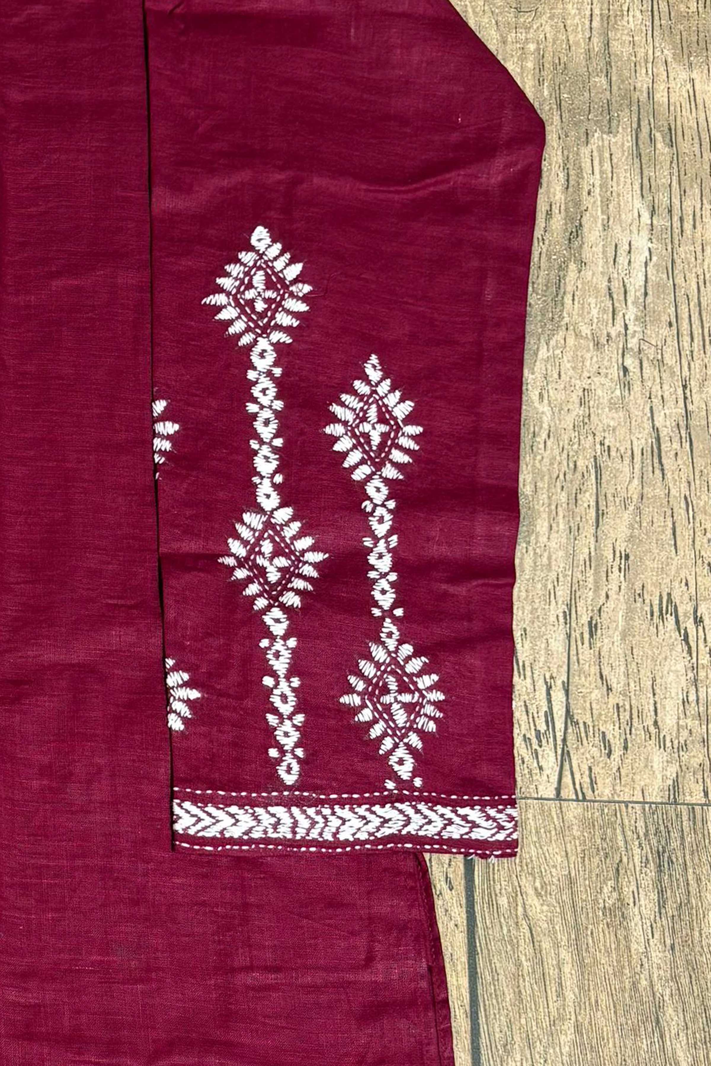 Maroon Color Cotton and White color Thread Work Kantha Panjabi