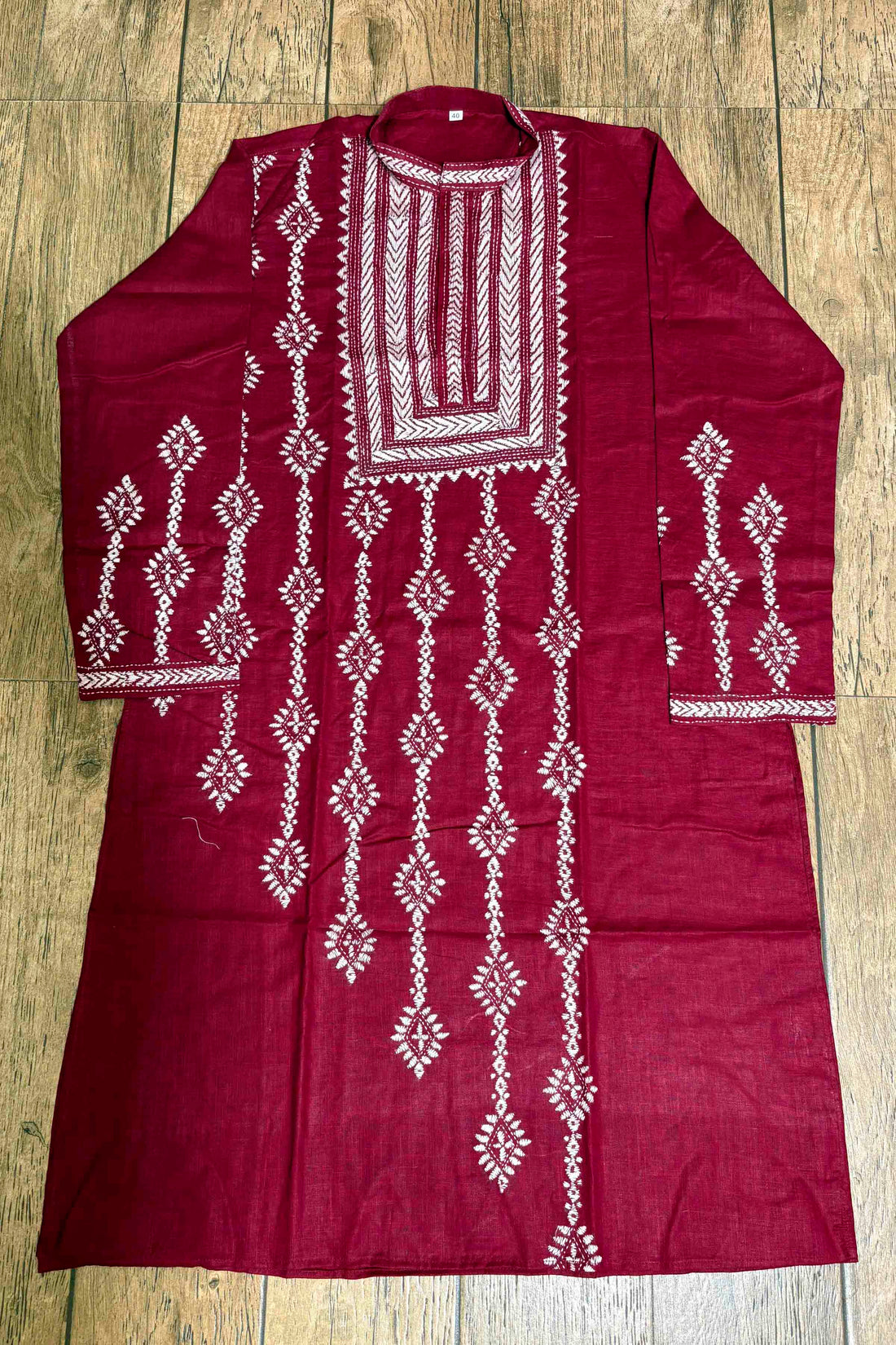 Maroon Color Cotton and White color Thread Work Kantha Panjabi