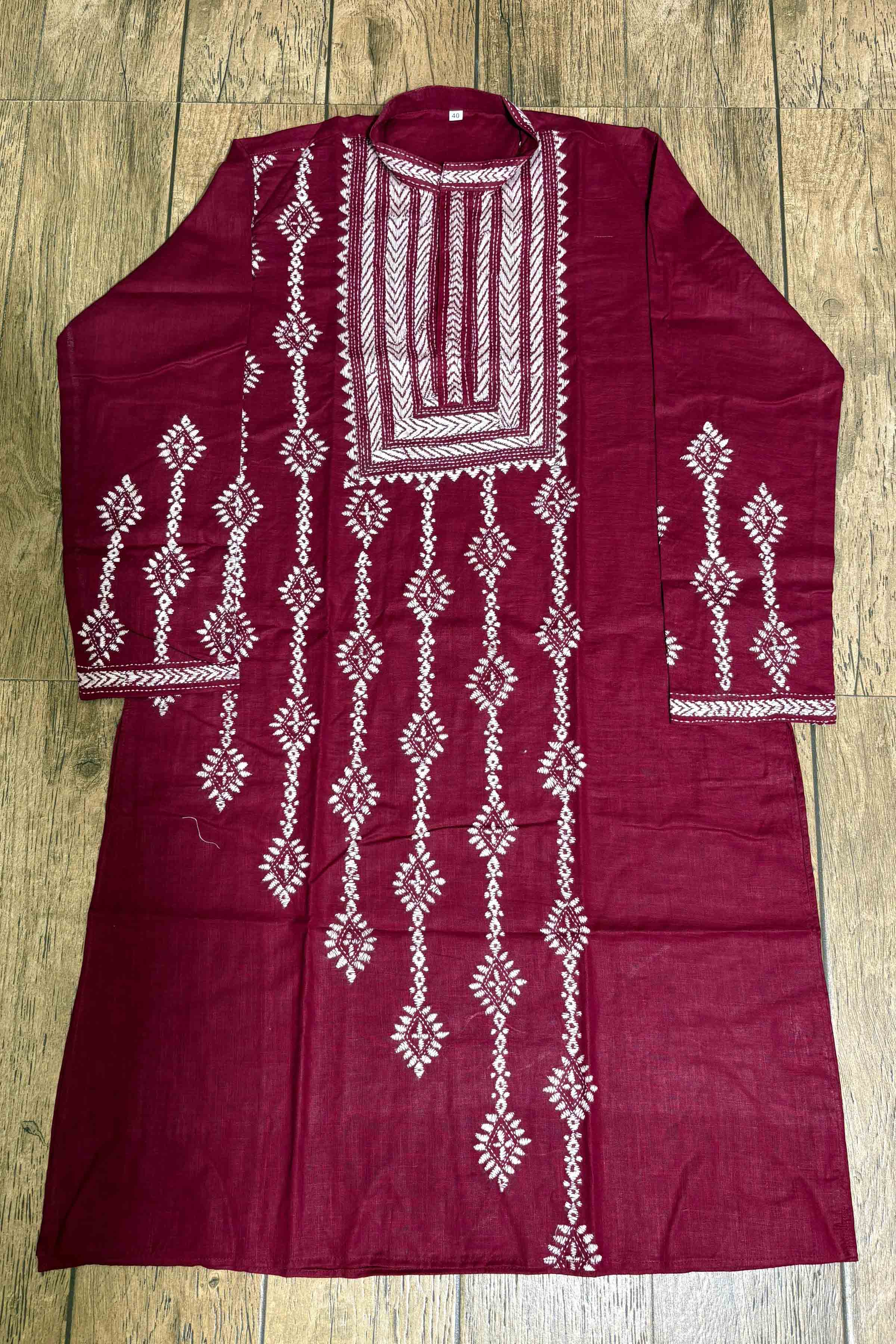 Maroon Color Cotton and White color Thread Work Kantha Panjabi