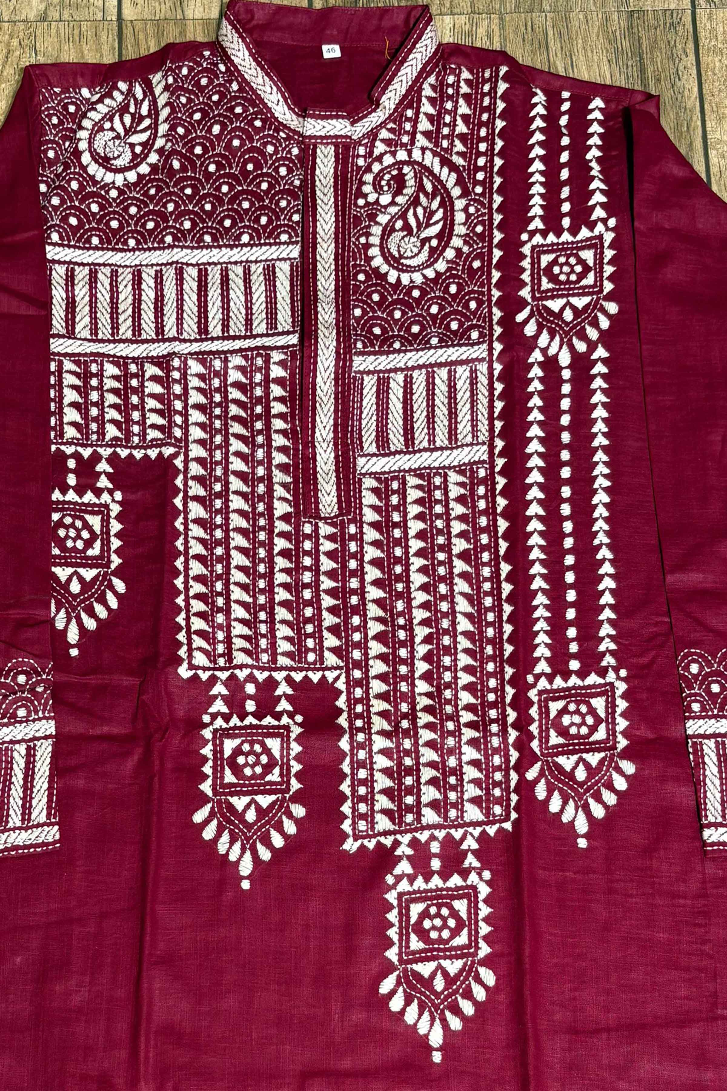 Maroon Color Cotton and White color Thread Work Kantha Panjabi