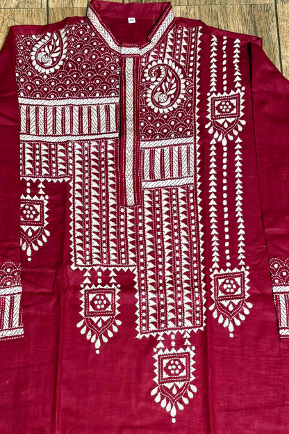 Maroon Color Cotton and White color Thread Work Kantha Panjabi