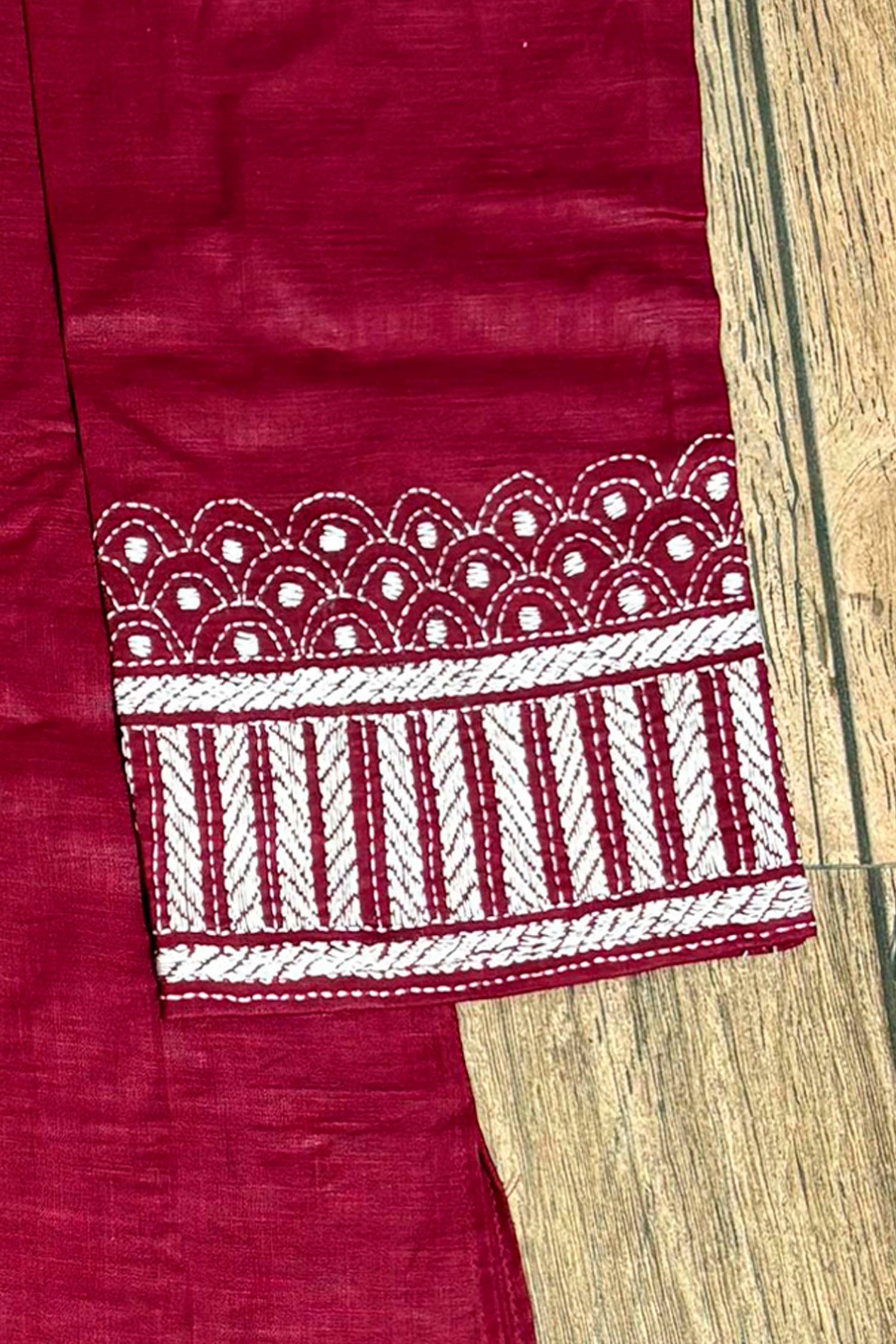 Maroon Color Cotton and White color Thread Work Kantha Panjabi