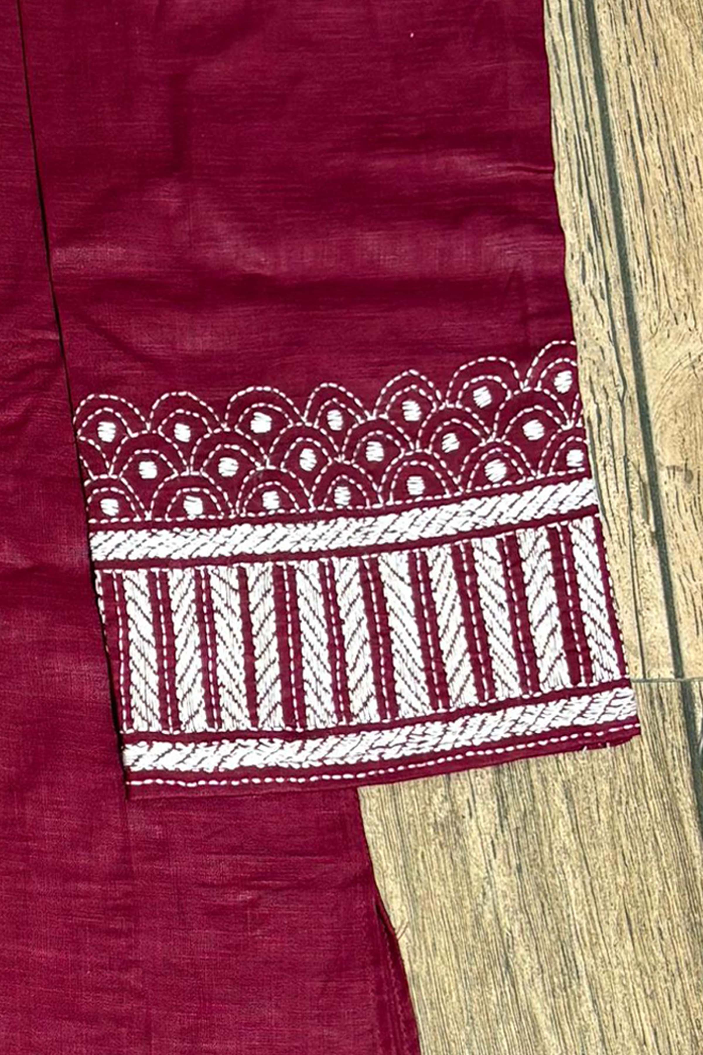 Maroon Color Cotton and White color Thread Work Kantha Panjabi