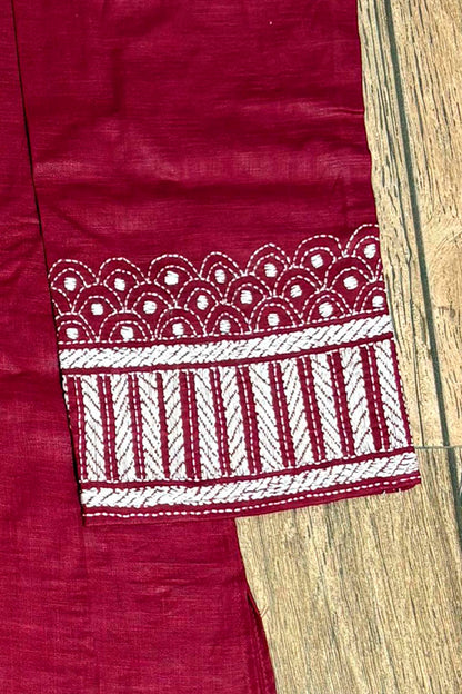 Maroon Color Cotton and White color Thread Work Kantha Panjabi