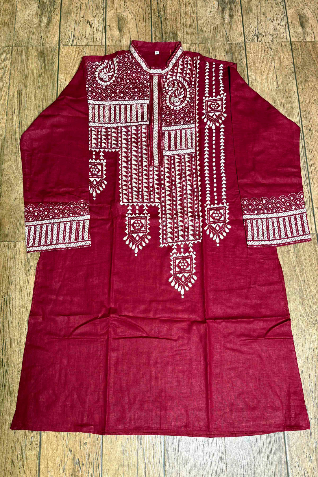 Maroon Color Cotton and White color Thread Work Kantha Panjabi