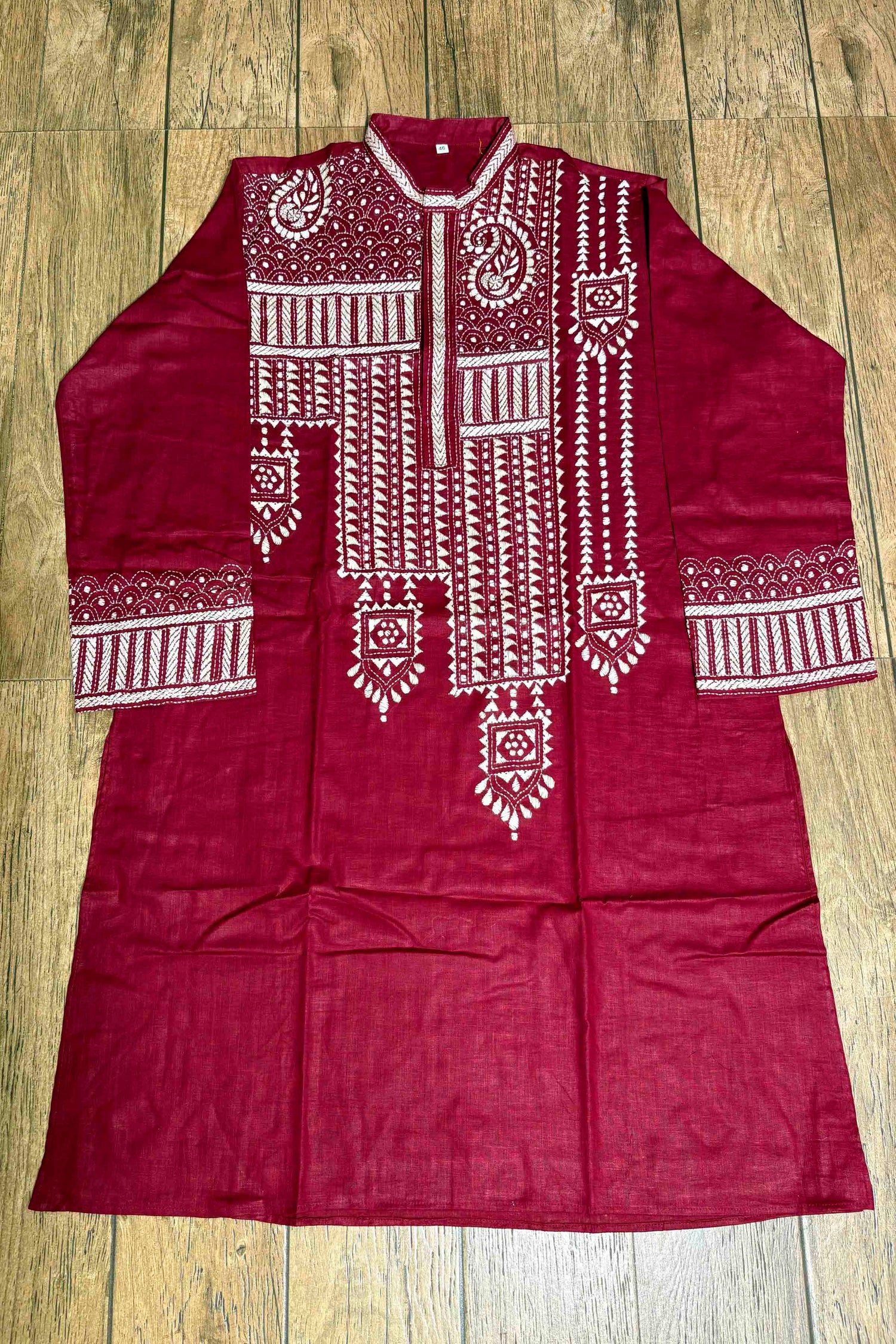 Maroon Color Cotton and White color Thread Work Kantha Panjabi