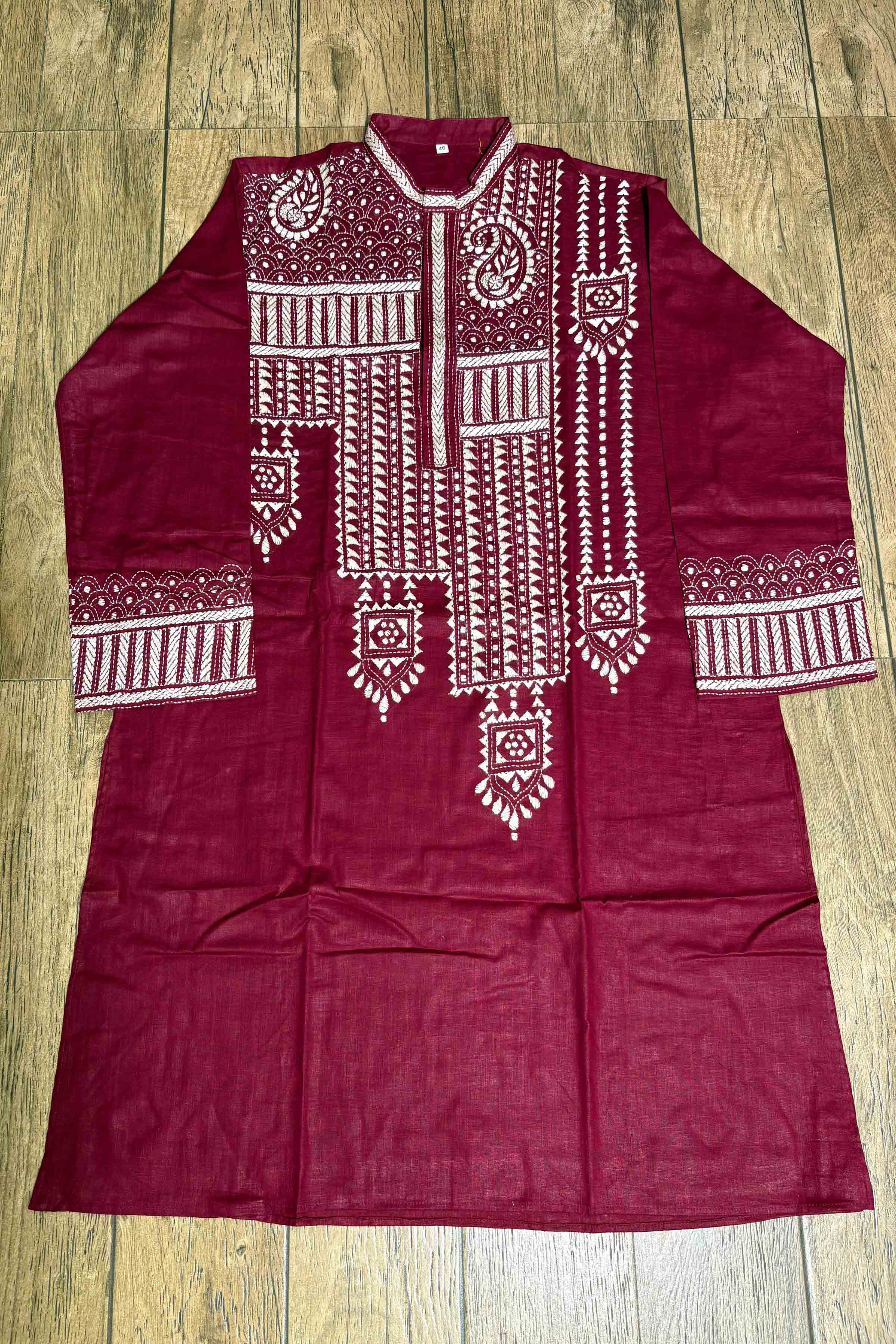 Maroon Color Cotton and White color Thread Work Kantha Panjabi