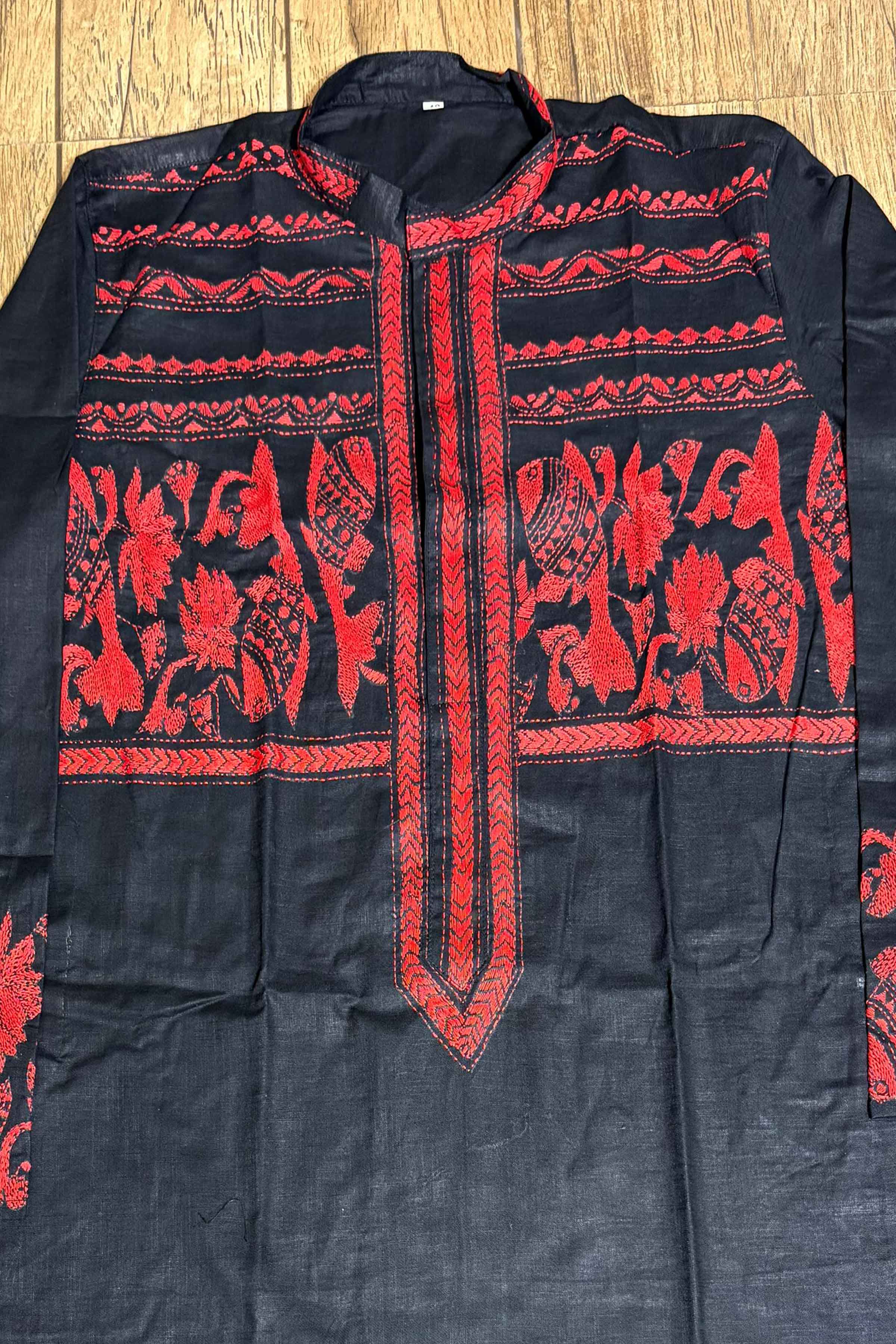 Black Color Cotton and Red Color Thread Work Kantha Panjabi