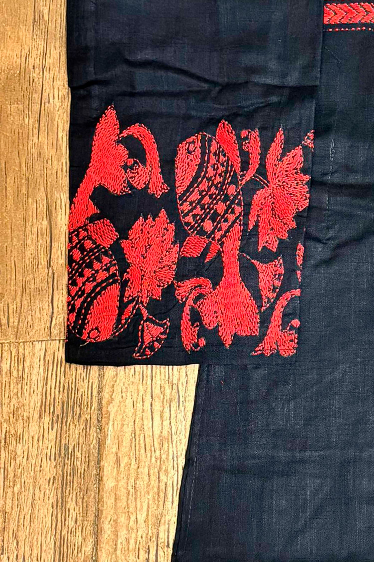 Black Color Cotton and Red Color Thread Work Kantha Panjabi