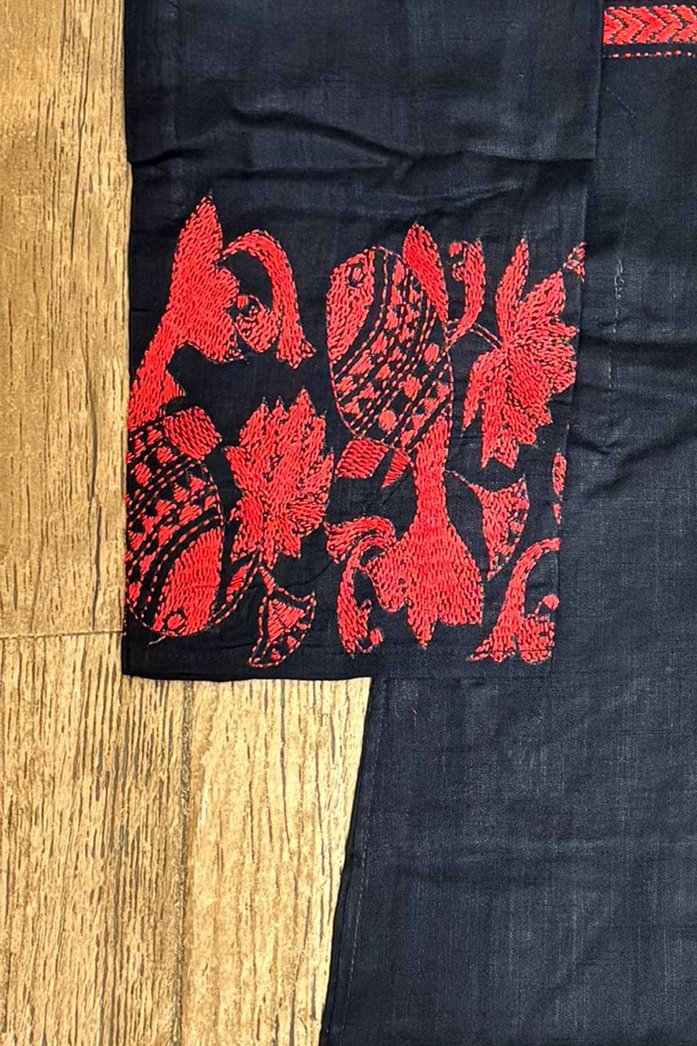 Black Color Cotton and Red Color Thread Work Kantha Panjabi