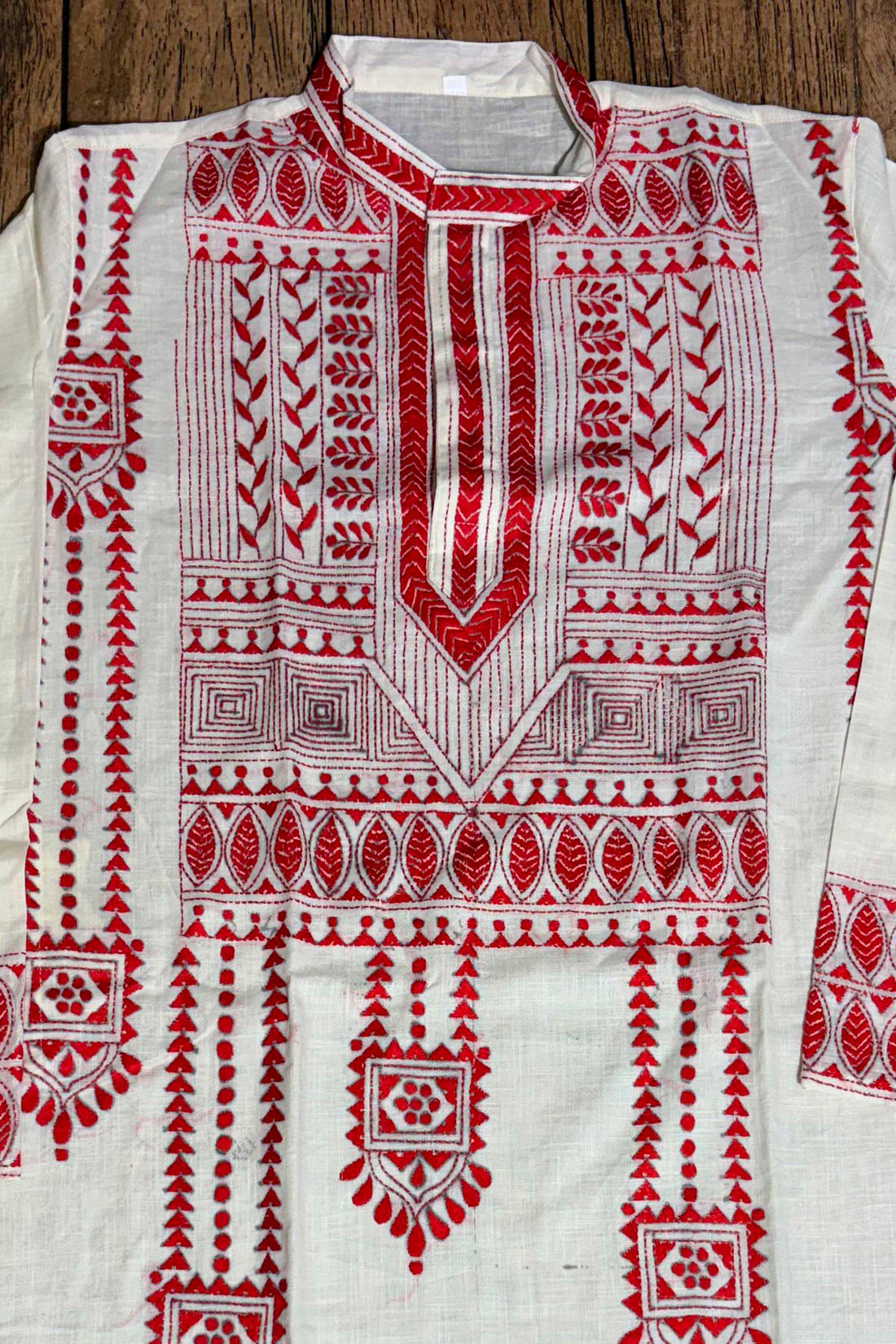 White Color Cotton and Red color Thread Work Kantha Panjabi