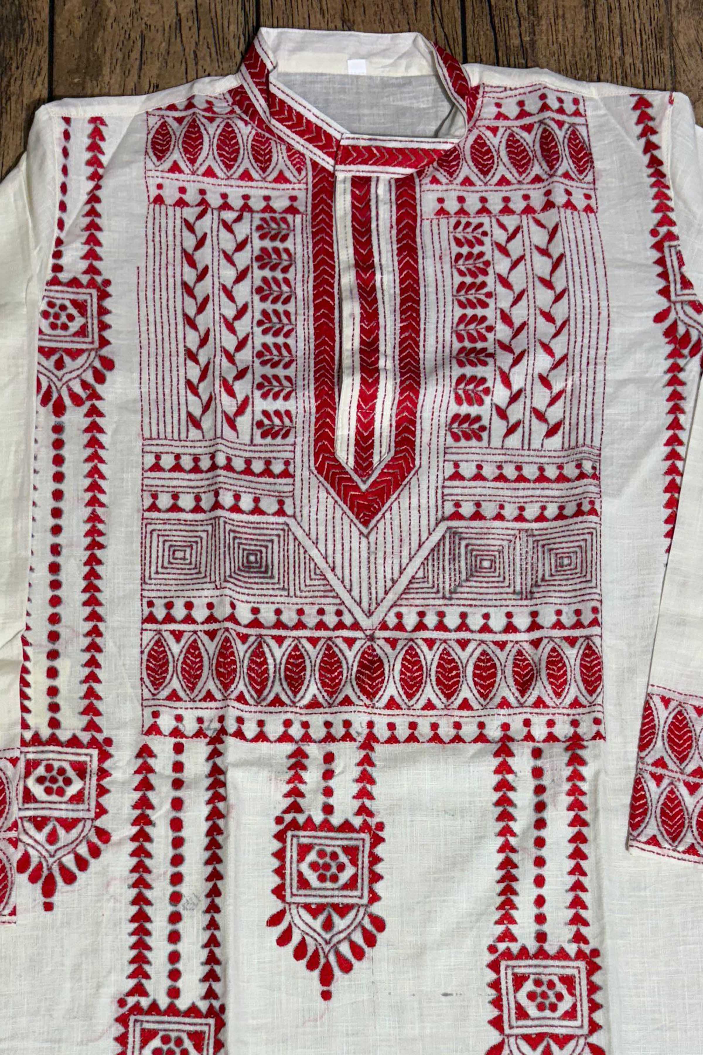 White Color Cotton and Red color Thread Work Kantha Panjabi