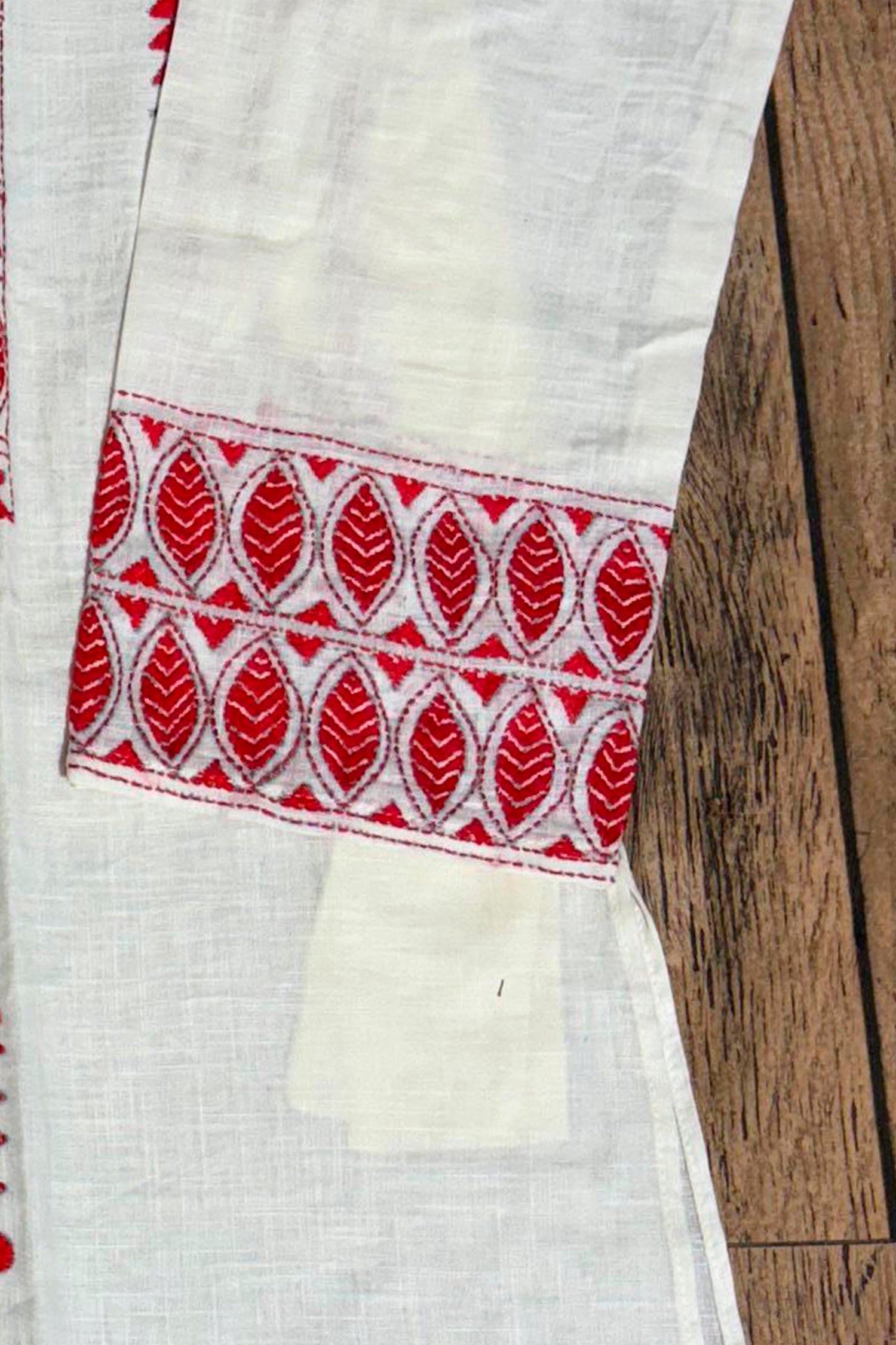 White Color Cotton and Red color Thread Work Kantha Panjabi