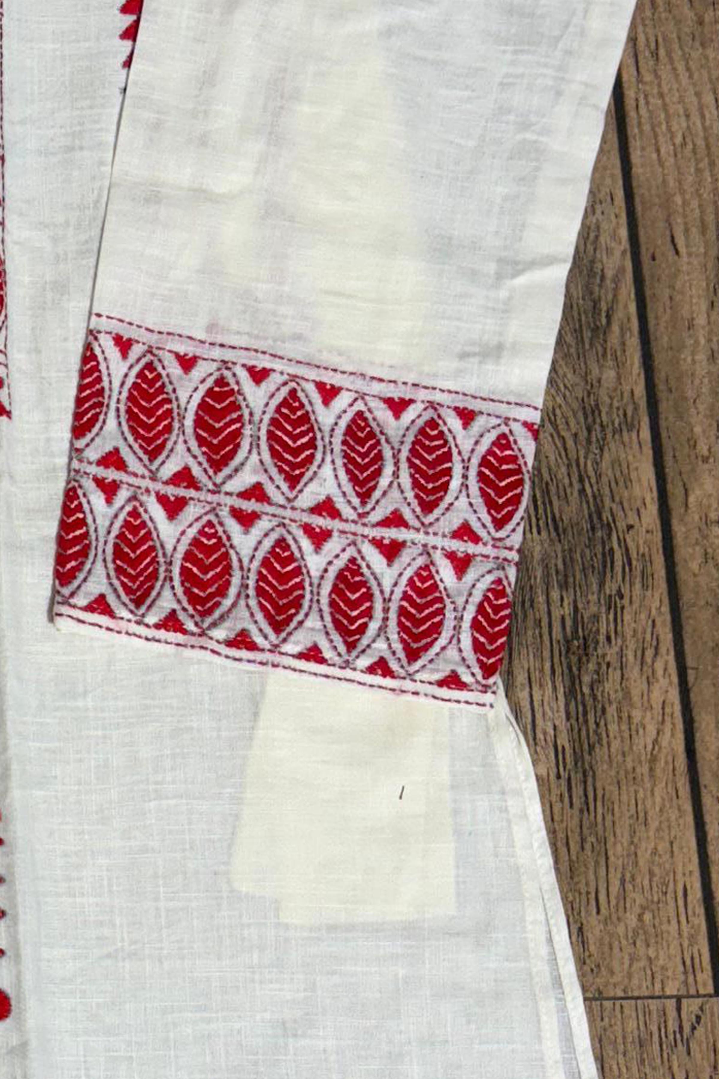 White Color Cotton and Red color Thread Work Kantha Panjabi