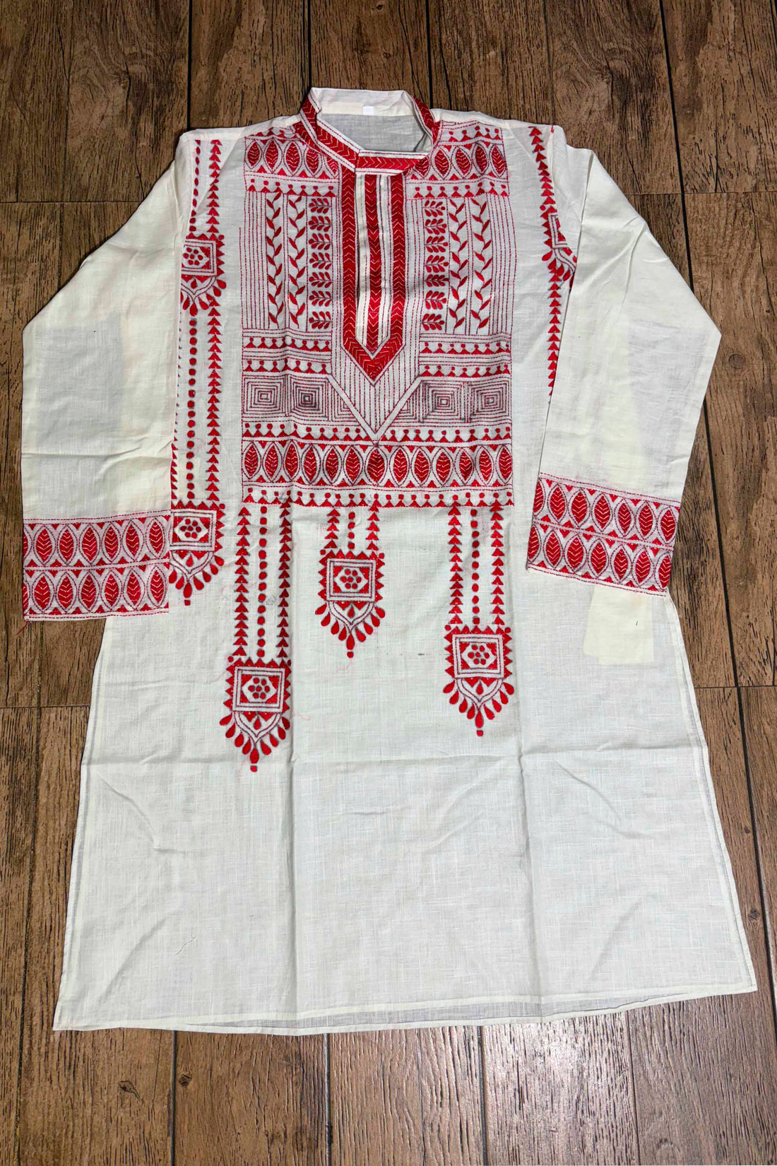 White Color Cotton and Red color Thread Work Kantha Panjabi