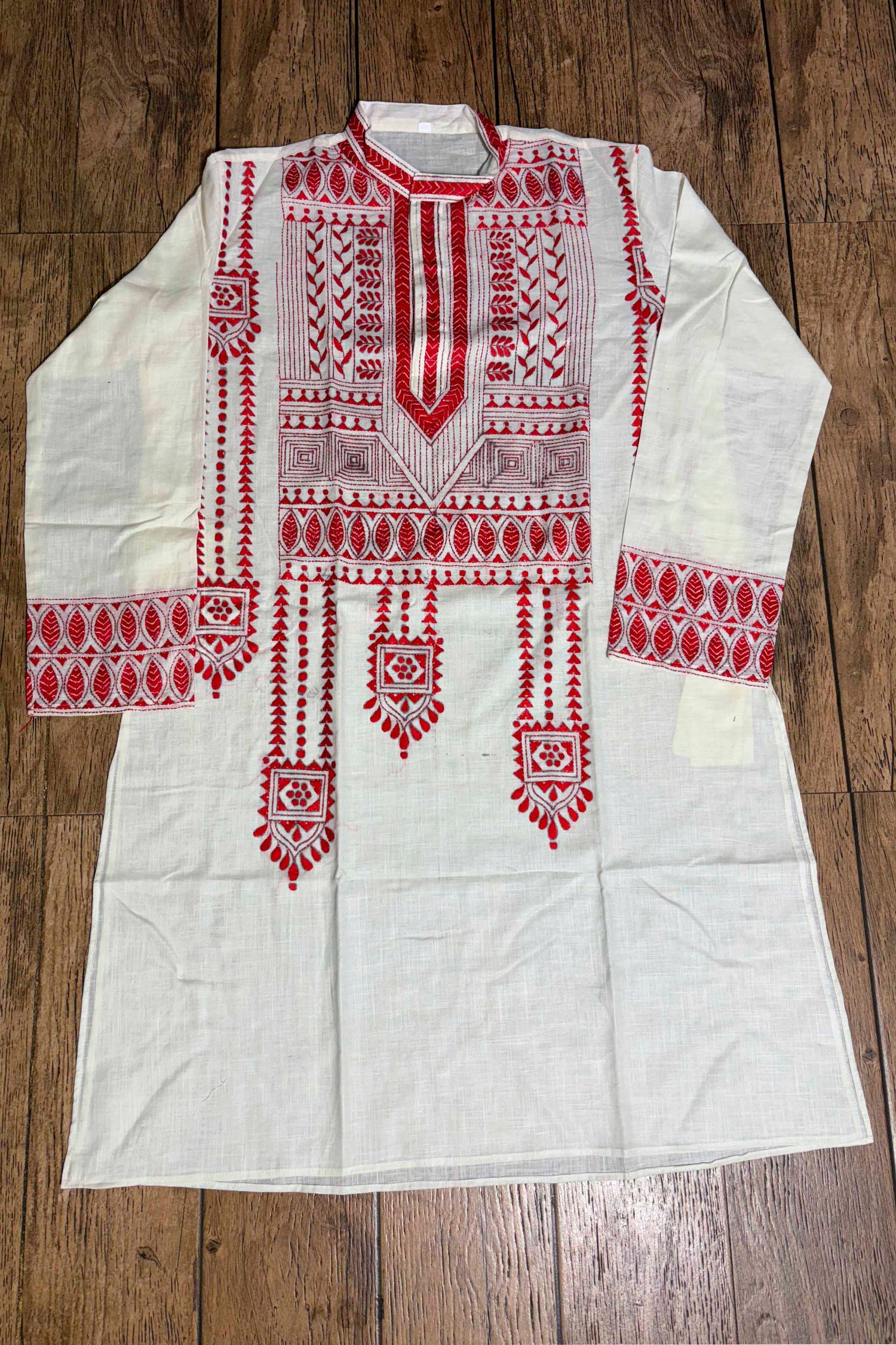 White Color Cotton and Red color Thread Work Kantha Panjabi