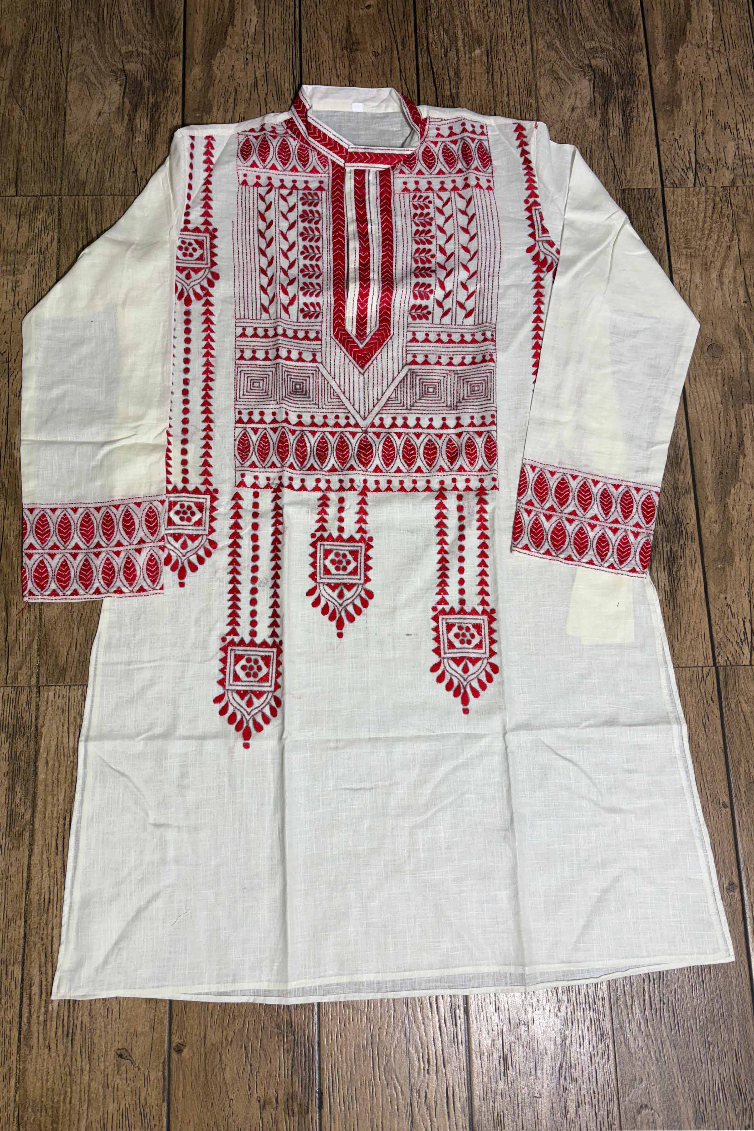 White Color Cotton and Red color Thread Work Kantha Panjabi