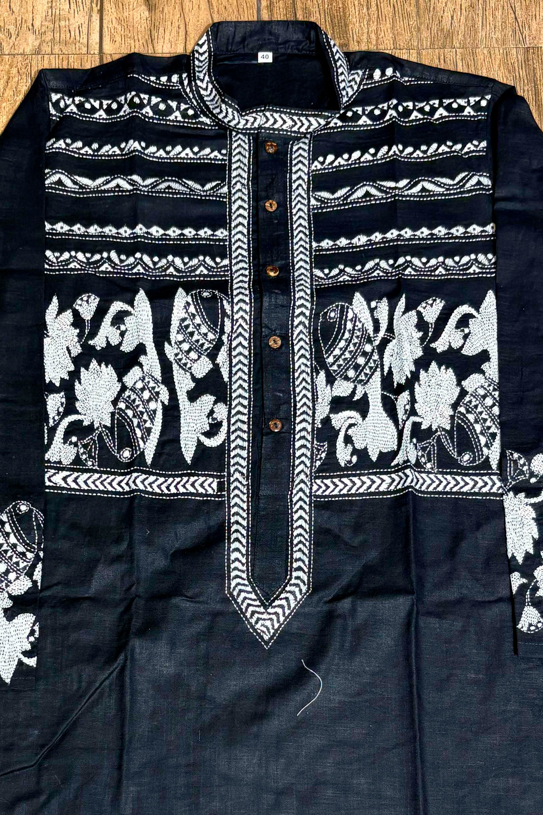 Black Color Cotton and White Color Thread Work Kantha Panjabi