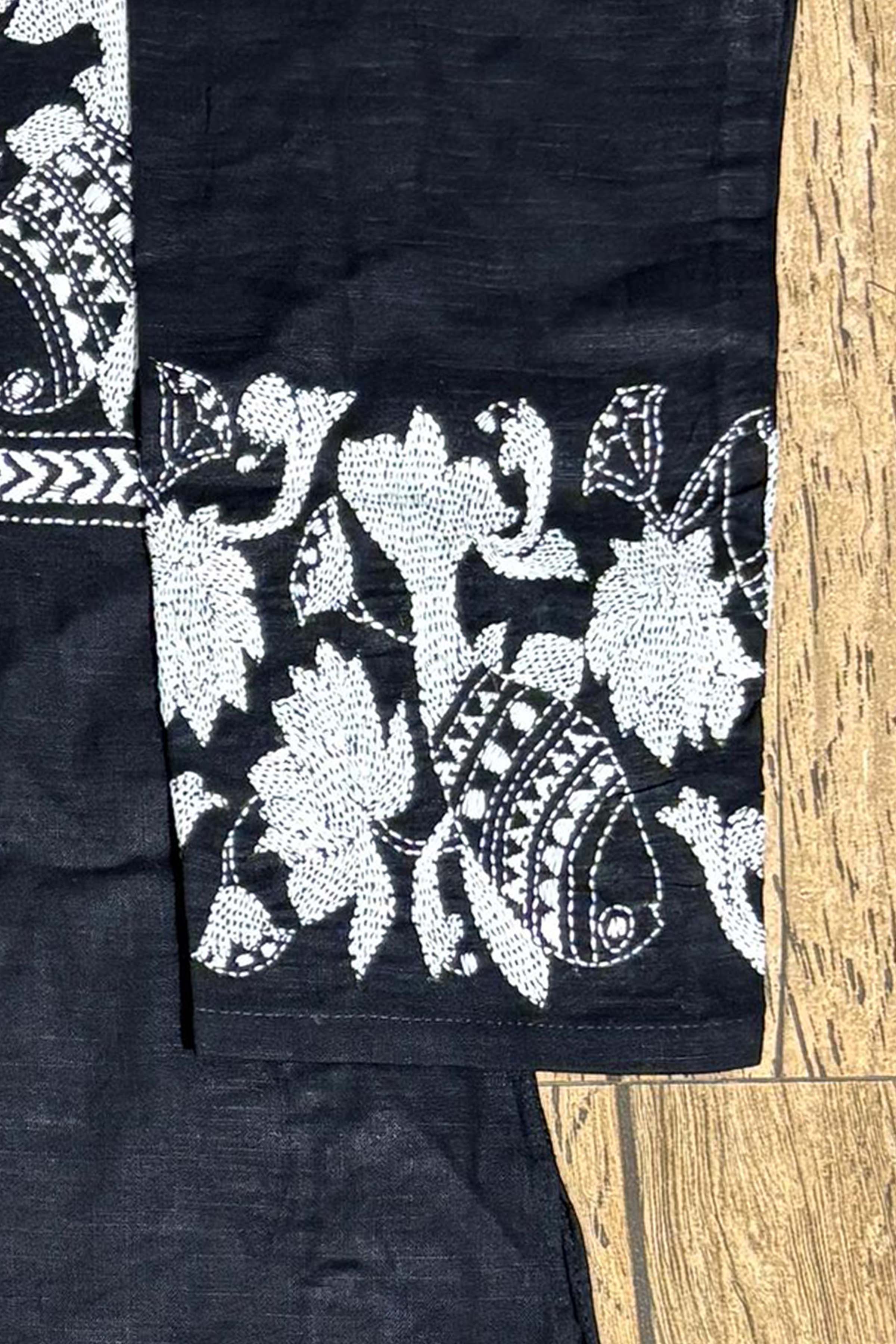Black Color Cotton and White Color Thread Work Kantha Panjabi
