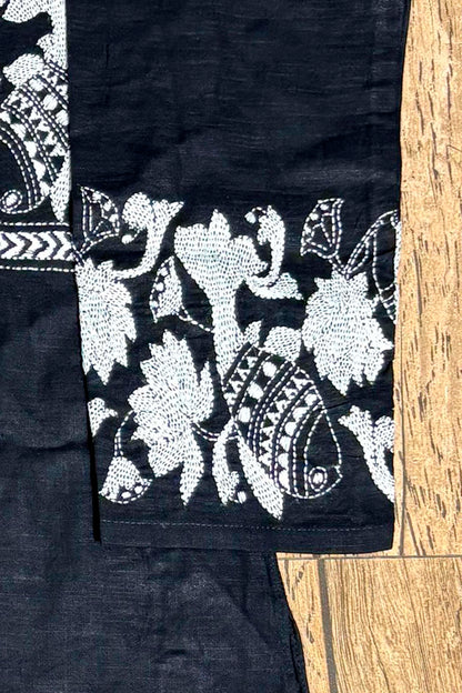 Black Color Cotton and White Color Thread Work Kantha Panjabi