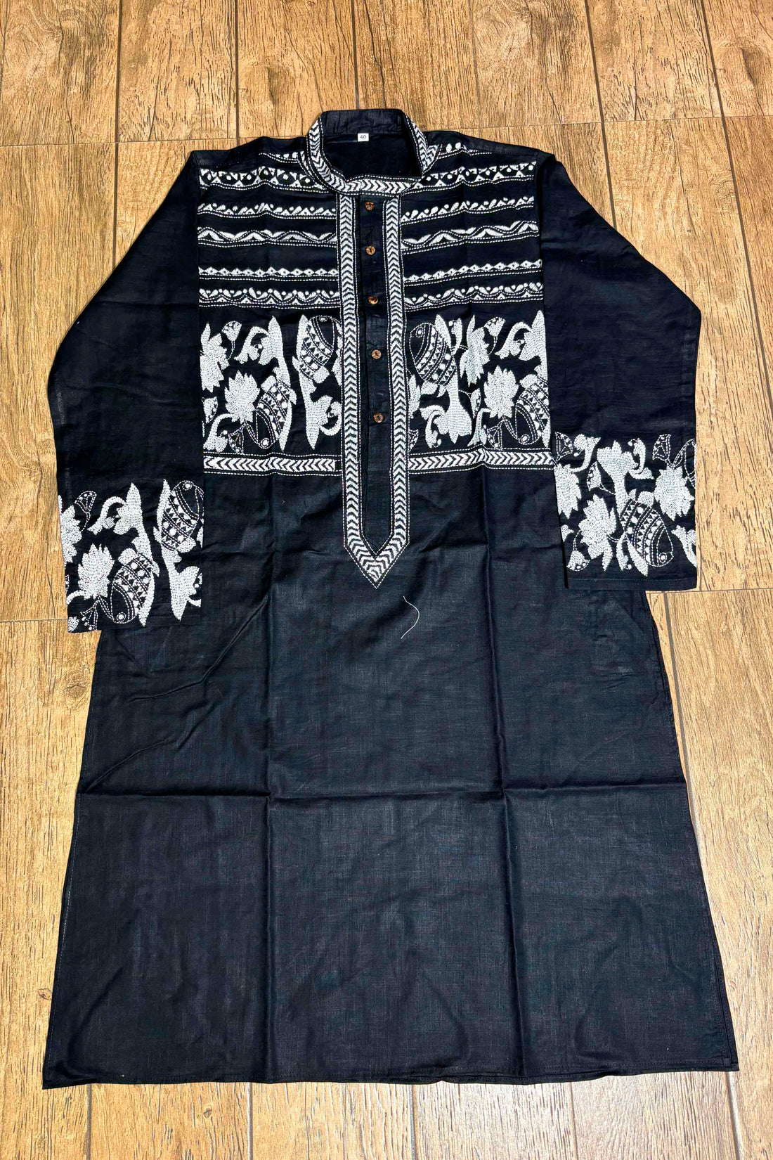 Black Color Cotton and White Color Thread Work Kantha Panjabi
