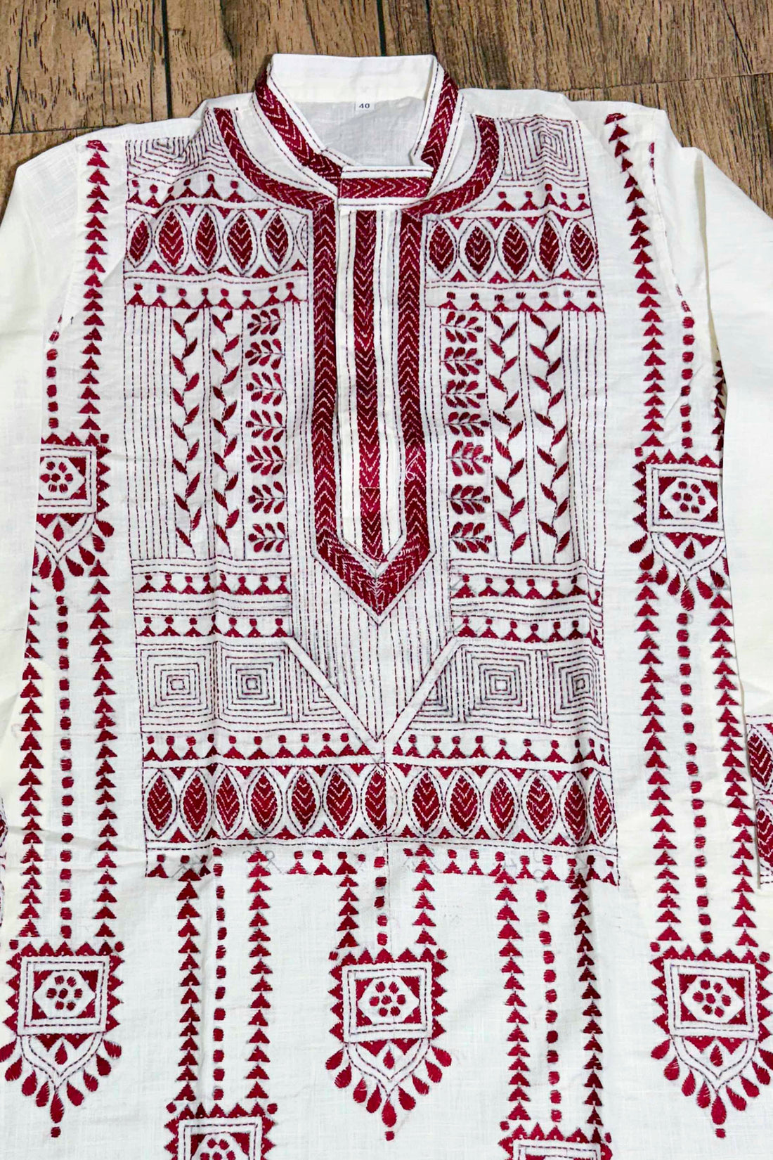 White Color Cotton and Maroon color Thread Work Kantha Panjabi