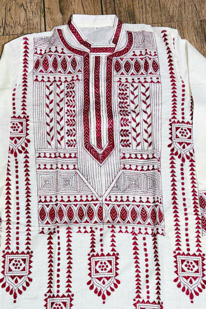 White Color Cotton and Maroon color Thread Work Kantha Panjabi