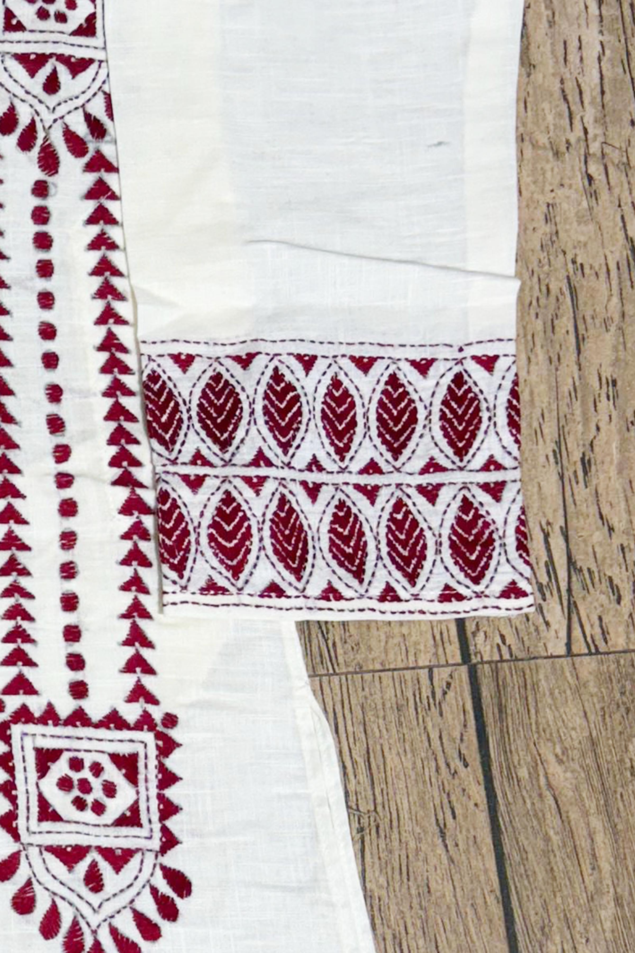 White Color Cotton and Maroon color Thread Work Kantha Panjabi