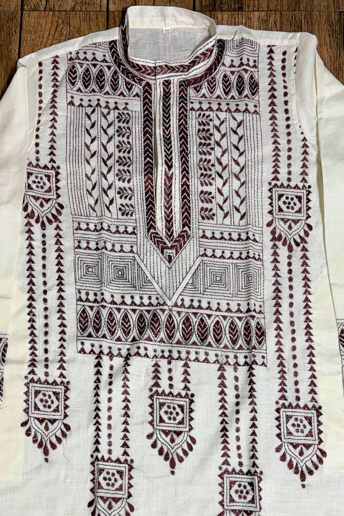 White Color Cotton and Dark Maroon color Thread Work Kantha Panjabi
