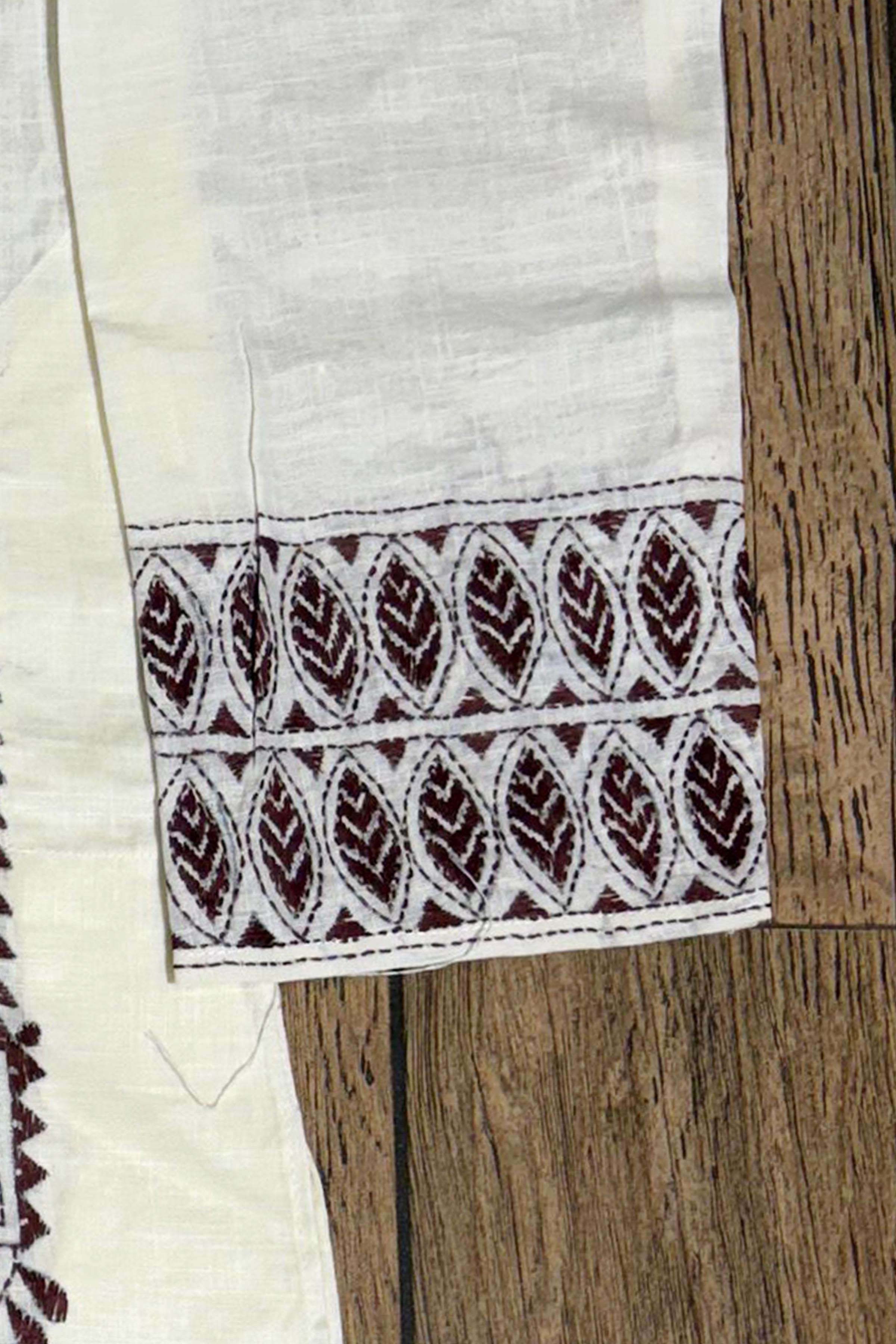White Color Cotton and Dark Maroon color Thread Work Kantha Panjabi