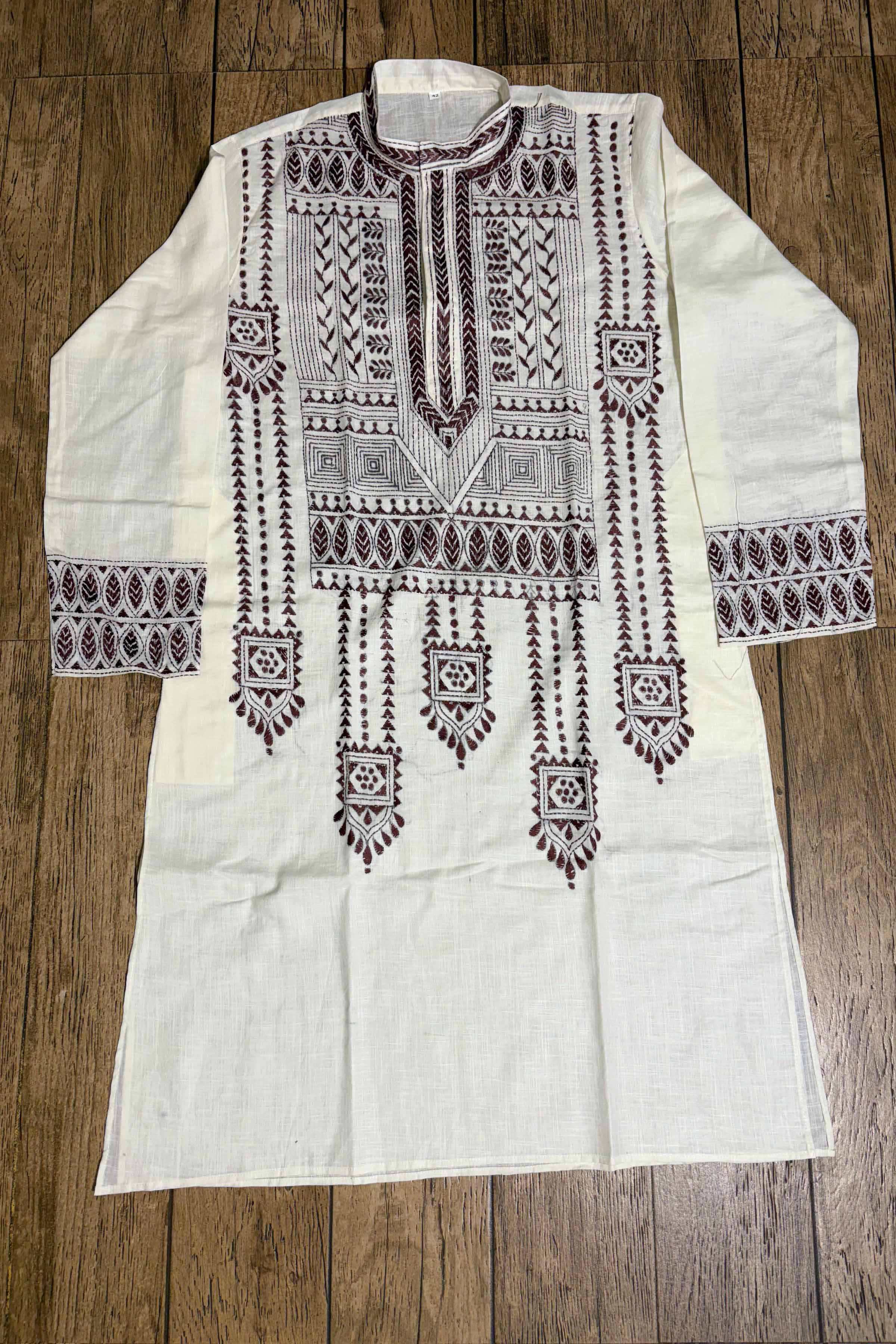 White Color Cotton and Dark Maroon color Thread Work Kantha Panjabi