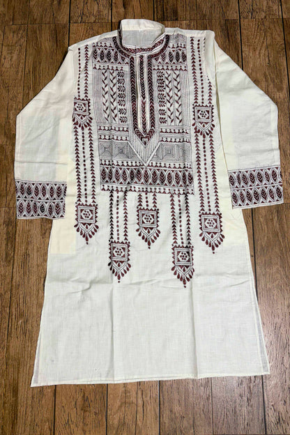 White Color Cotton and Dark Maroon color Thread Work Kantha Panjabi