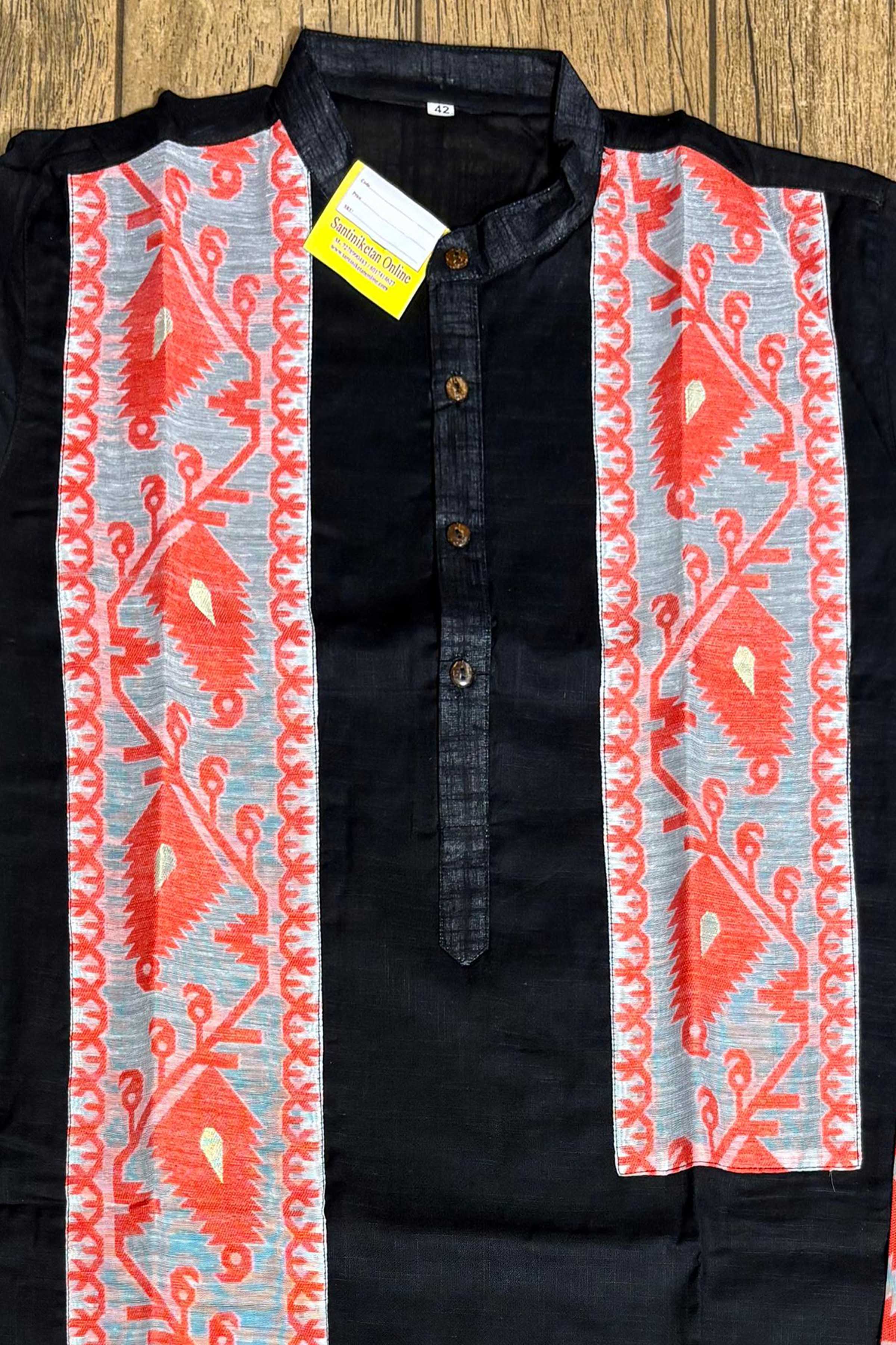 Black Color Cotton and Orange Color Jamdani Patch Work Panjabi