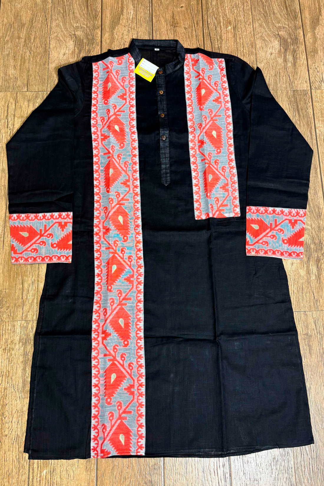 Black Color Cotton and Orange Color Jamdani Patch Work Panjabi