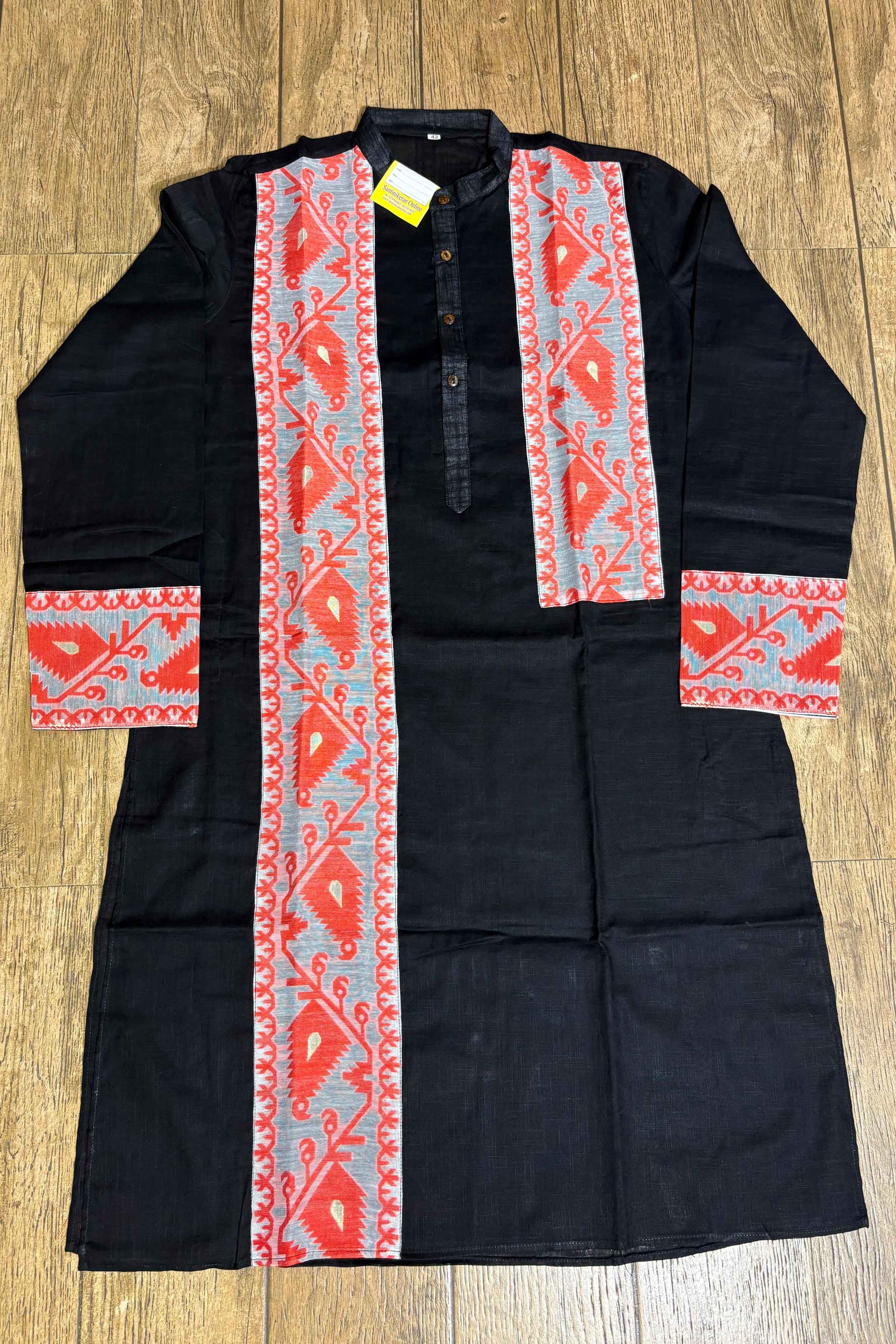 Black Color Cotton and Orange Color Jamdani Patch Work Panjabi