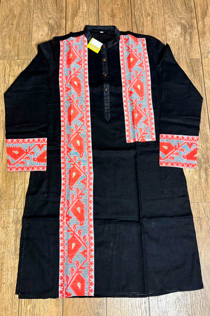 Black Color Cotton and Orange Color Jamdani Patch Work Panjabi