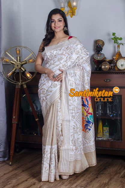 Beige Color Gachi Tussar with White Color Thread Revers Kantha Work Saree