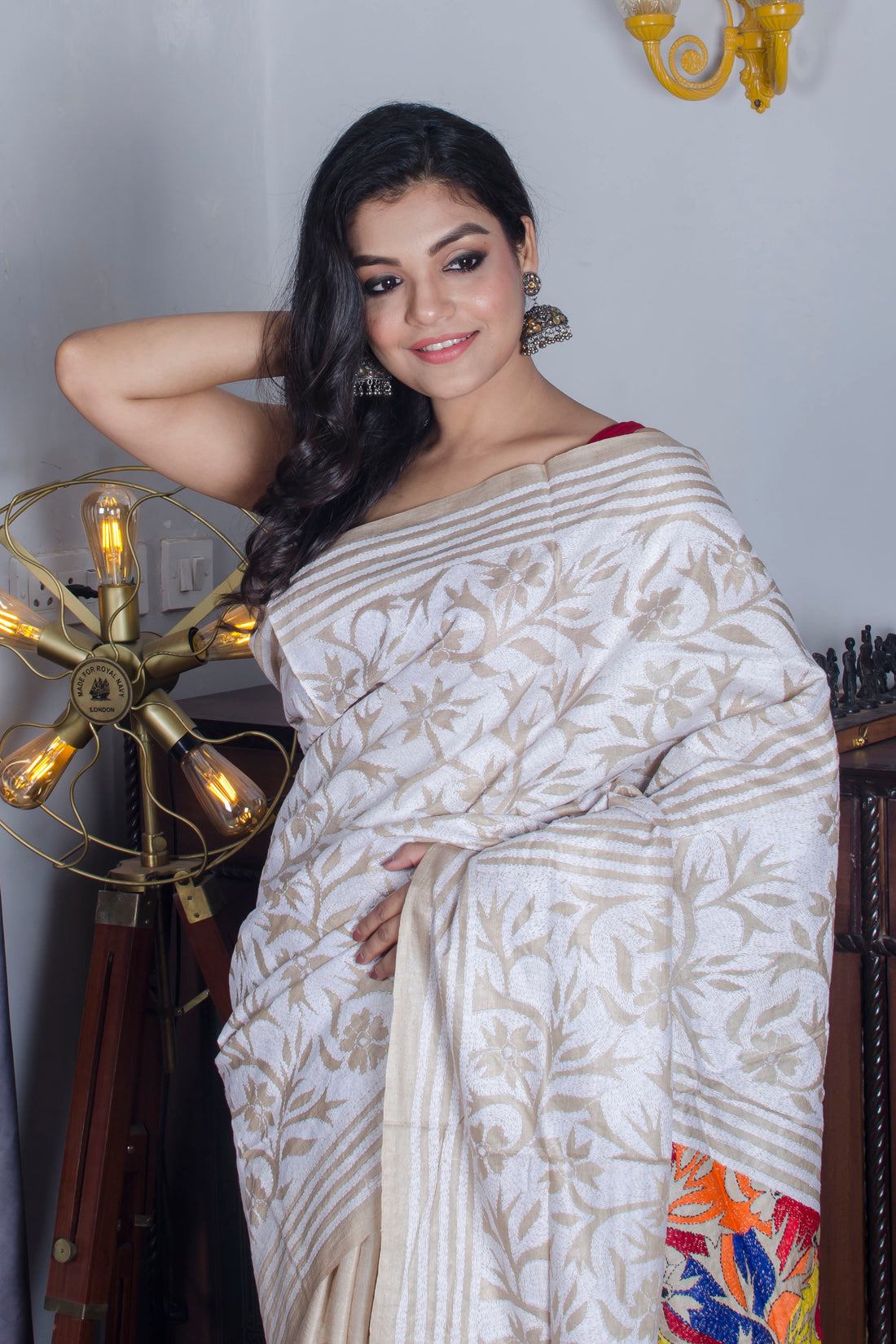 Beige Color Gachi Tussar with White Color Thread Revers Kantha Work Saree