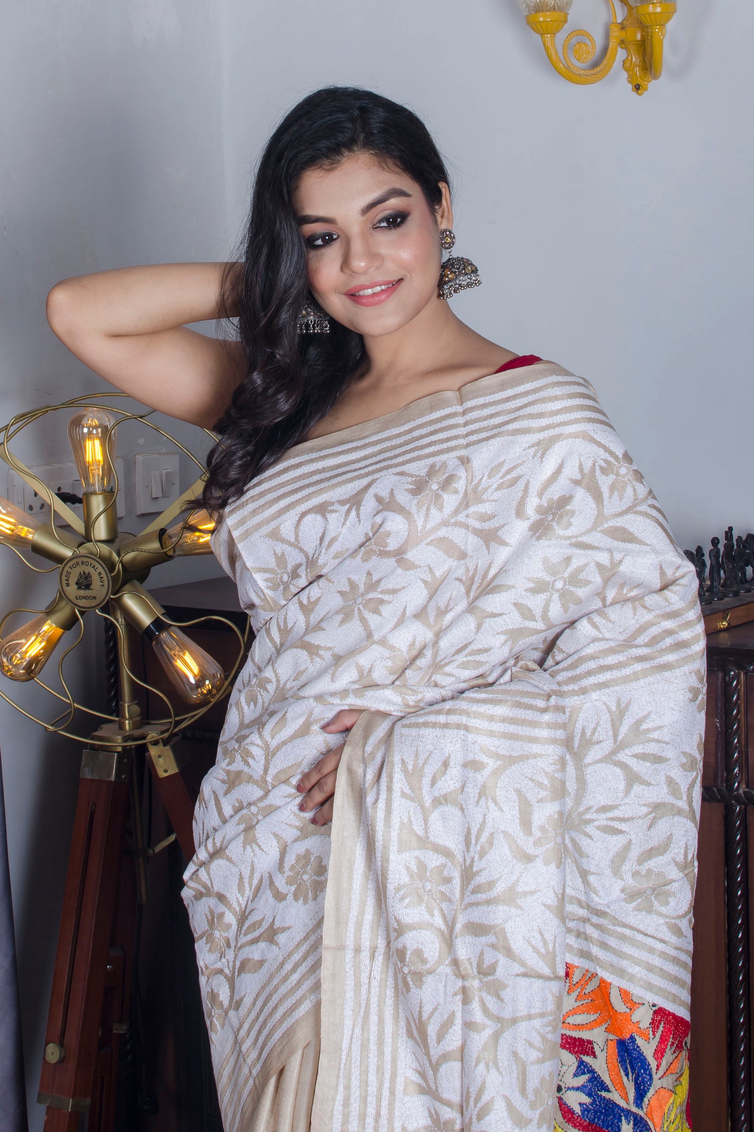 Beige Color Gachi Tussar with White Color Thread Revers Kantha Work Saree